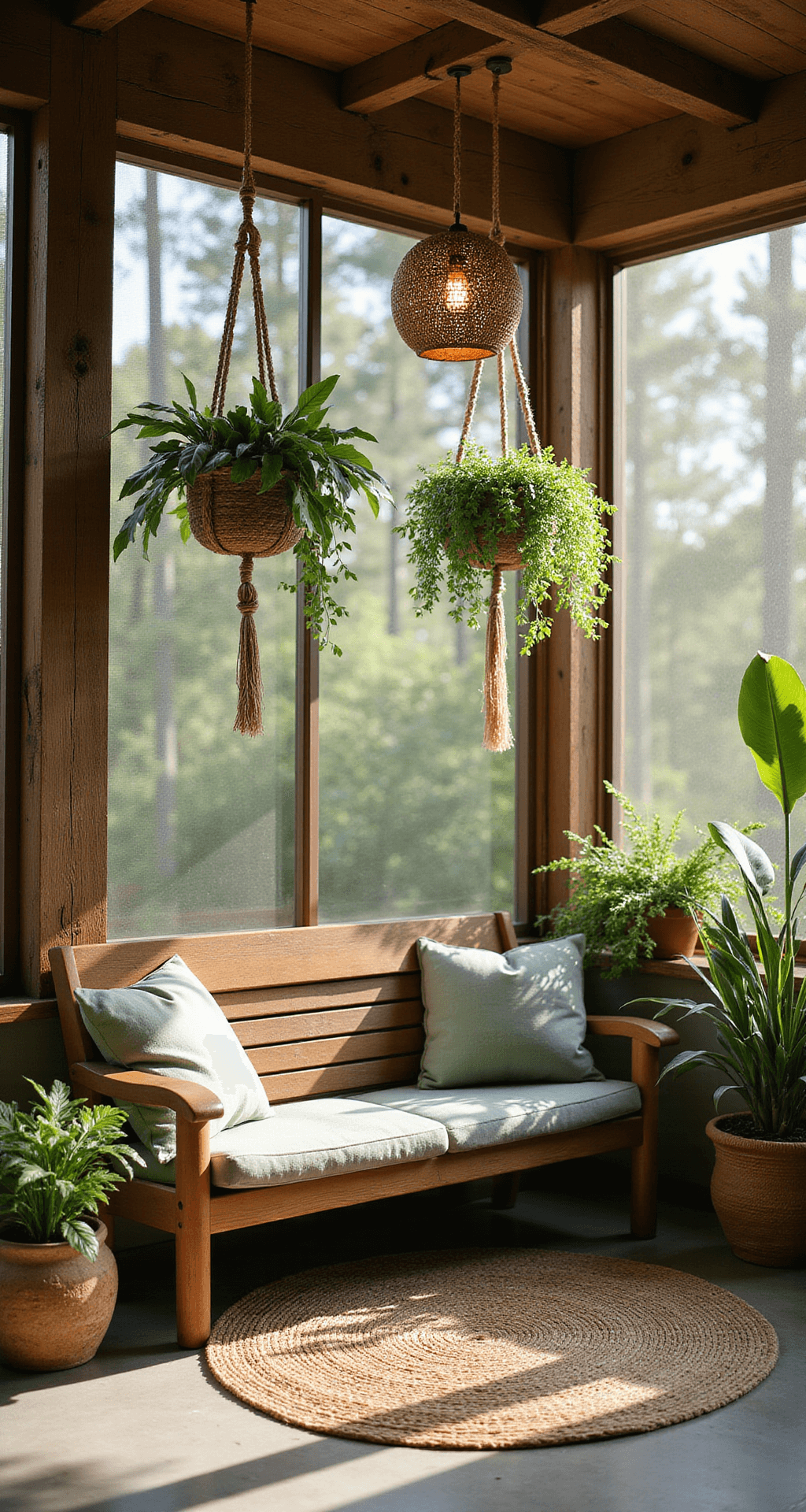 Transform Your Home: Ultimate Screened Front Porch Design Guide Eye-level view of a serene screened porch in morning light, featuring rustic cedar posts, bronze mesh, cascading macramé planters with pothos and spider plants, a live-edge wood bench with sage green cushions, woven rattan pendant lamps, a jute rug on stained concrete floors, and an organic arrangement of plants in warm, earthy tones.