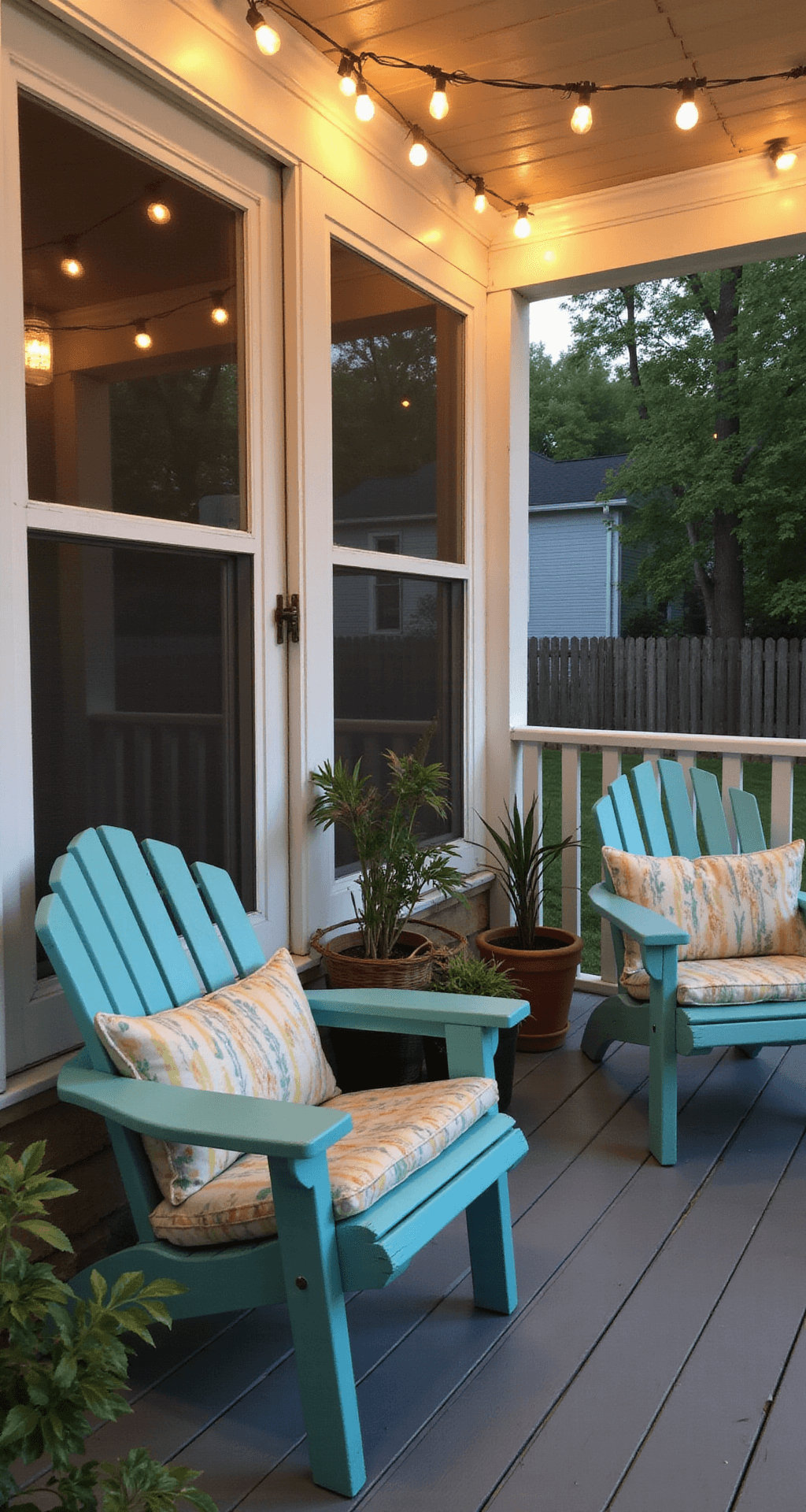 Transform Your Home: Ultimate Screened Front Porch Design Guide Cozy DIY screened porch transformation at twilight, featuring white vinyl framing, gray screening, robin's egg blue chairs, mix-matched outdoor cushions, string lights, and thrifted decor, creating a warm and inviting atmosphere.