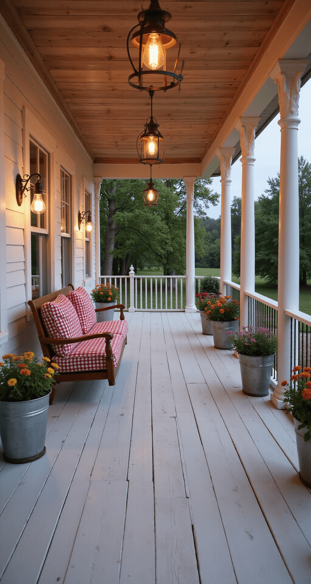 Transform Your Home: Ultimate Screened Front Porch Design Guide Atmospheric wide shot of a charming farmhouse screened porch at dusk, featuring white wood columns, a vintage porch swing with red and white gingham cushions, galvanized metal planters with seasonal flowers, and warm barn-style pendant lights illuminating distressed wooden floors.