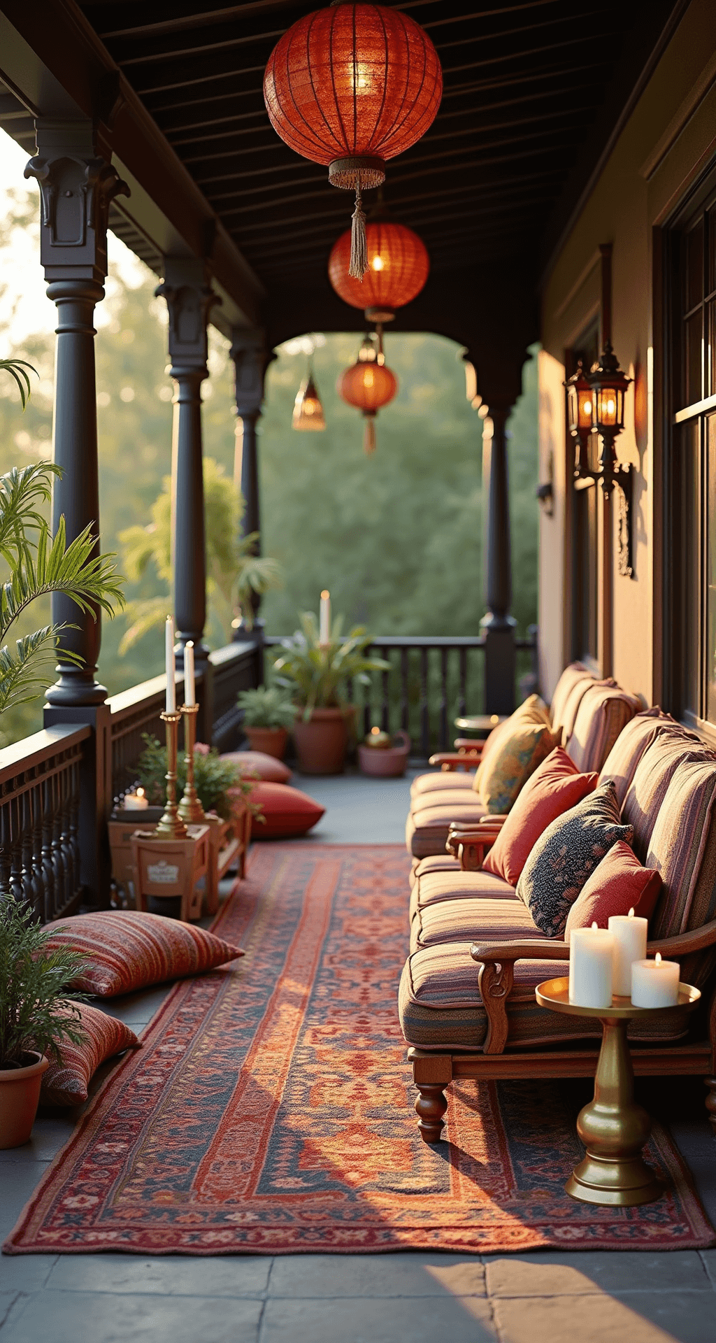 Transform Your Home: Ultimate Screened Front Porch Design Guide Stylized bohemian eclectic screened porch with dark wood columns, copper screening, jewel-toned Moroccan floor cushions, vintage Persian rugs, macramé wall hangings, low brass tables with candles and trailing plants, colorful paper lanterns, and beaded curtains against natural stone flooring, all illuminated by warm, diffused lighting.