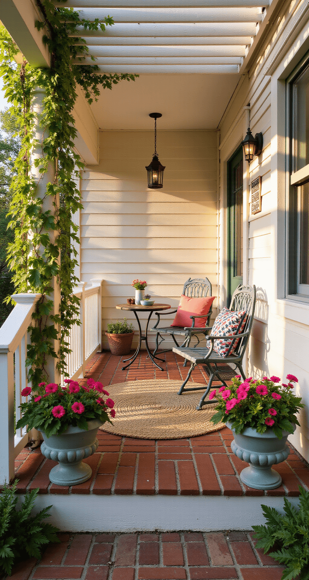 Transform Your Small Front Porch into a Summer Sanctuary: A Comprehensive Guide A welcoming petite front porch in warm golden hour light, featuring vibrant pink petunias, trailing ivy, a sage green bistro set, weathered brick flooring, and layered textures including a jute rug and coral throw pillows, all bathed in dappled sunlight filtering through pergola slats.