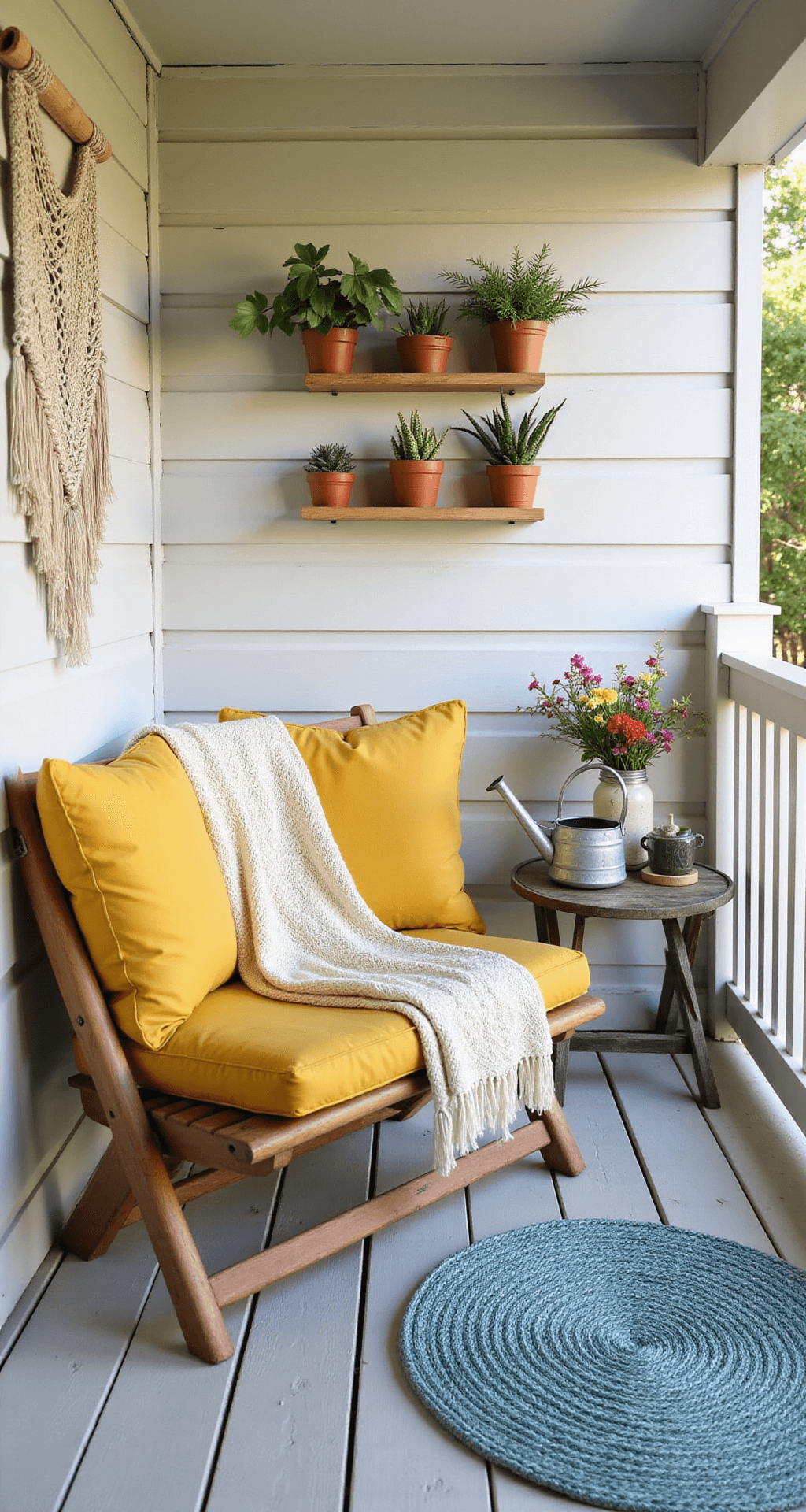 Transform Your Small Front Porch into a Summer Sanctuary: A Comprehensive Guide Close-up editorial shot of a narrow front porch vignette featuring a compact teak folding chair with yellow cushions and a cream cable-knit throw, surrounded by wall-mounted succulent planters and illuminated by morning light.