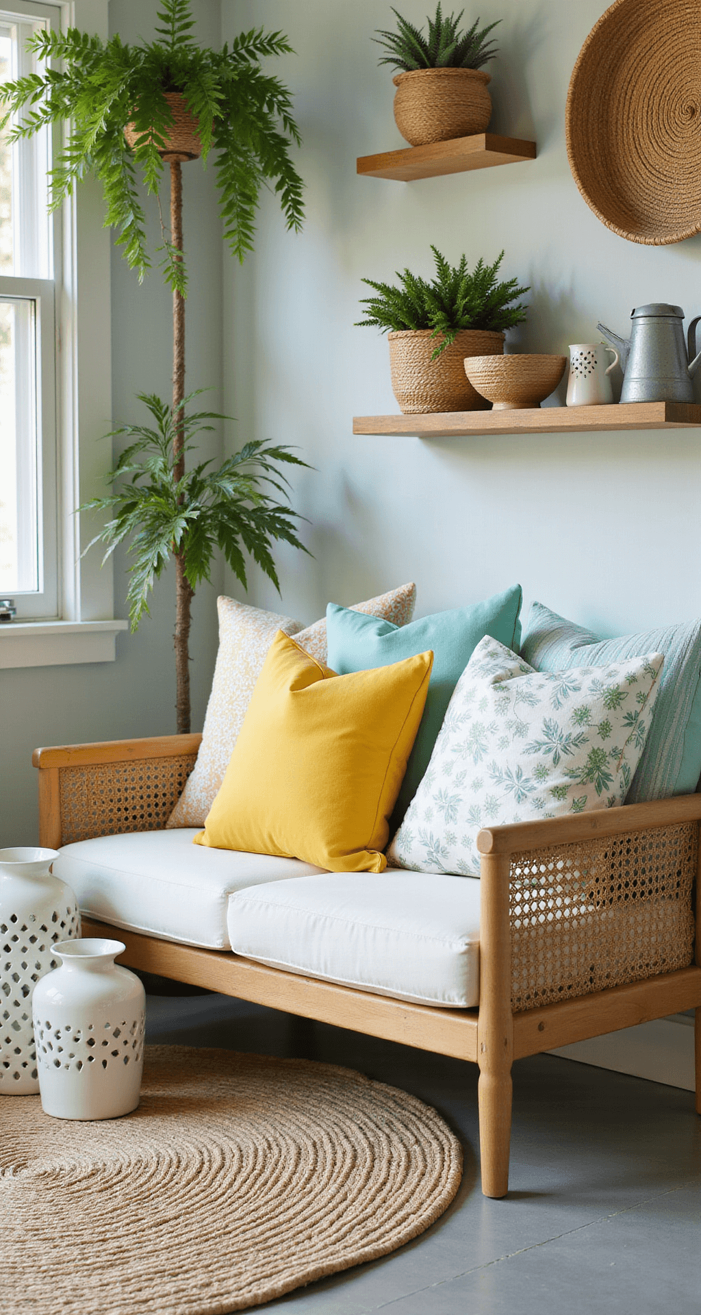 Transform Your Small Front Porch into a Summer Sanctuary: A Comprehensive Guide A cozy porch adorned with layered outdoor throw pillows in sunny yellow, mint, and white on a wicker loveseat, complemented by a woven jute area rug, ceramic lanterns, a vintage watering can, and handwoven baskets, enhanced by hanging planters and wall-mounted shelving, all bathed in soft, natural light.
