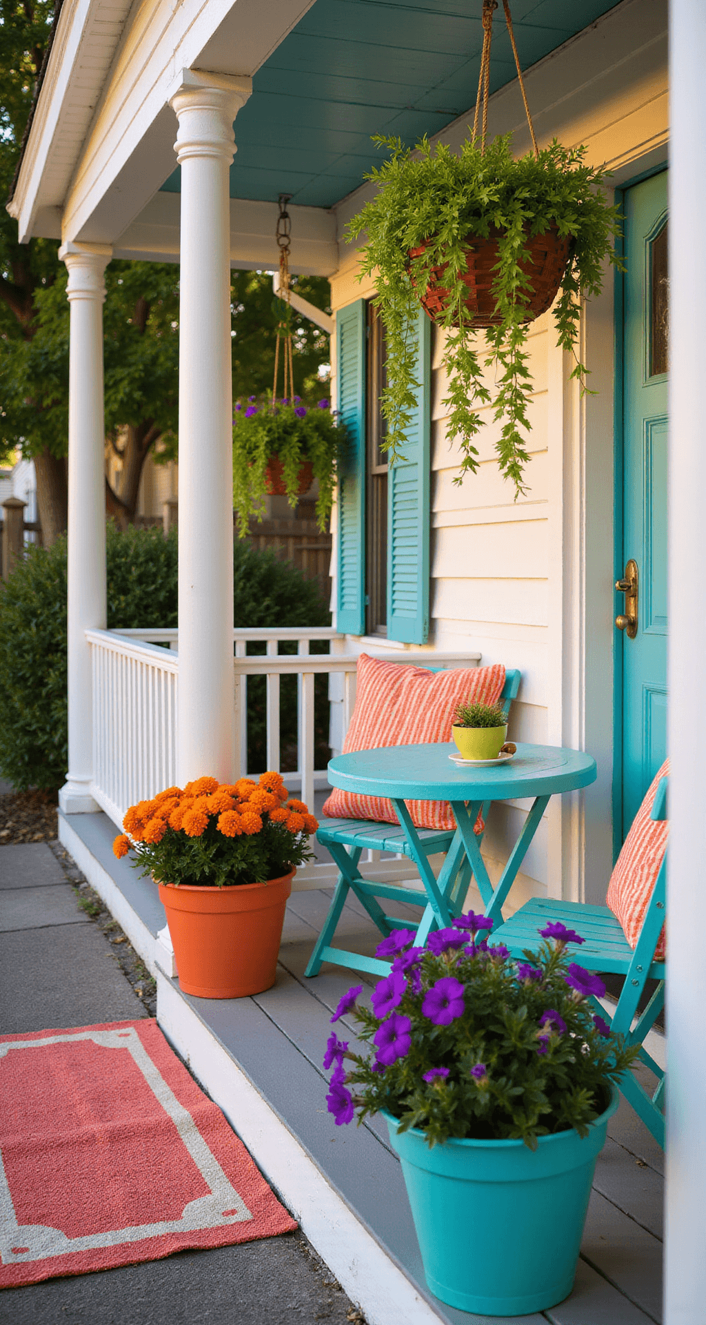 Transform Your Small Front Porch into a Summer Sanctuary: A Comprehensive Guide Vibrant summer porch scene featuring a turquoise bistro table and chairs, overflowing planters with orange marigolds, purple petunias, and lime green sweet potato vines, a coral and white striped rug, and hanging flower baskets, all illuminated by warm golden hour light.