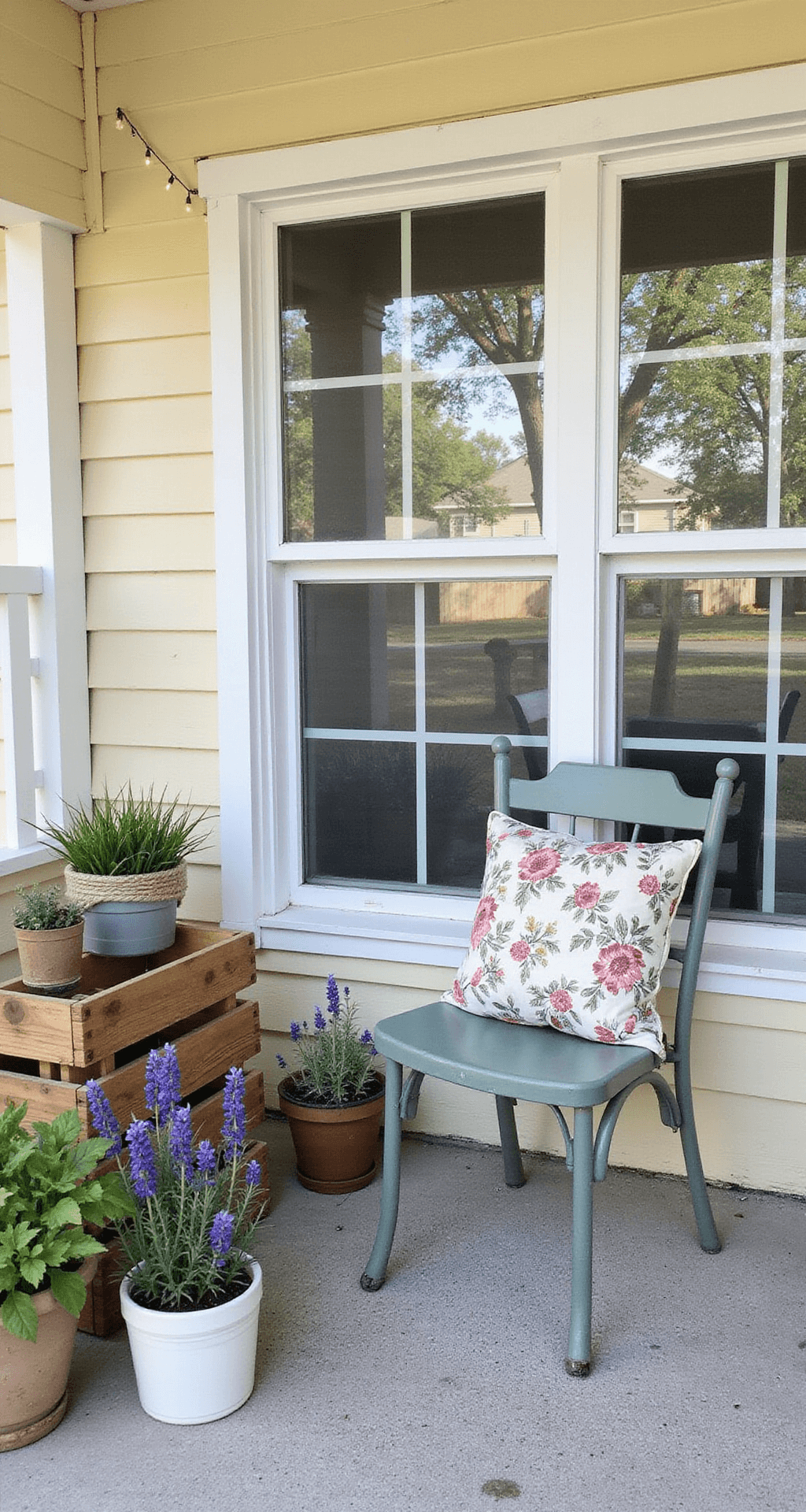 Transform Your Small Front Porch into a Summer Sanctuary: A Comprehensive Guide A small front porch styled with budget-friendly decor, featuring repurposed wooden crates as plant stands, vintage mason jar hangers, a refurbished sage green metal chair with floral cushions, a pallet wood table, and string lights, all illuminated by soft afternoon light and accented with muted greens, creamy whites, and lavender herbs.