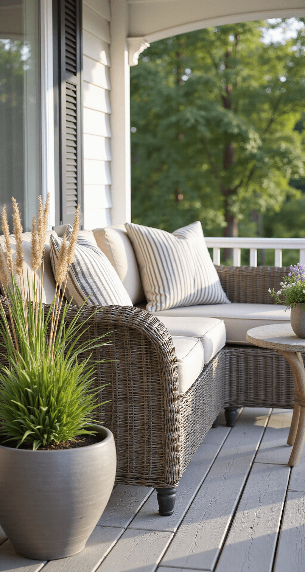 Transform Your Small Front Porch into a Summer Sanctuary: A Comprehensive Guide A beautifully styled small porch featuring weather-resistant furniture, including an aluminum table and all-weather wicker seating, surrounded by hardy perennials in UV-resistant planters, captured in soft morning light to highlight its maintenance-free design and organized aesthetic.