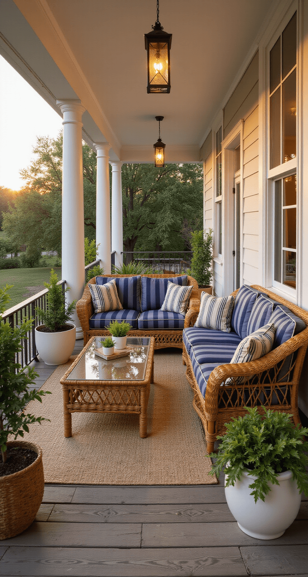 Perfect Porch Furniture Styles: Your Ultimate Design Guide A southern colonial porch at golden hour features a honey-toned wicker furniture set with navy and cream striped cushions, arranged around a glass-top coffee table. The scene includes a jute outdoor rug, potted ferns in woven baskets, and white ceramic planters with trailing ivy, illuminated by warm amber light from hanging lanterns on weathered wood flooring.