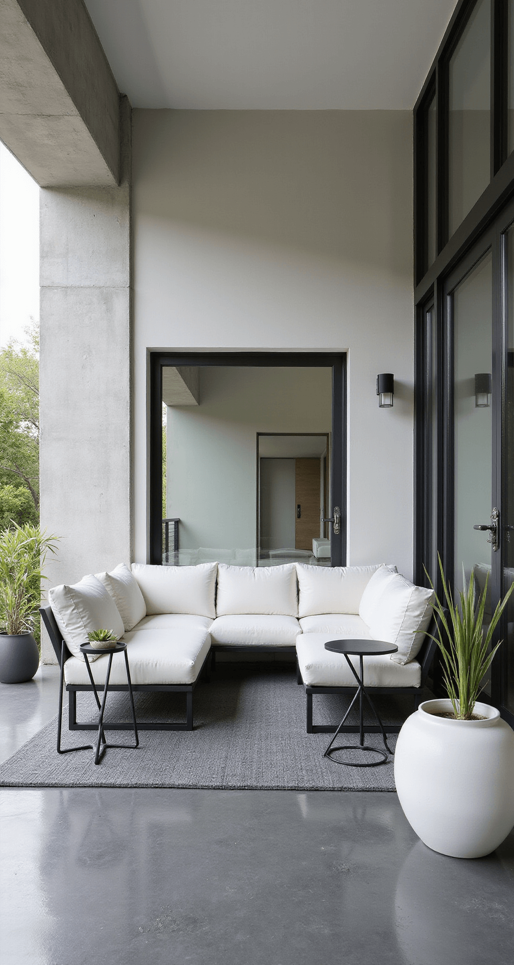 Perfect Porch Furniture Styles: Your Ultimate Design Guide Sleek contemporary porch featuring charcoal gray aluminum sectional with white cushions, slate gray outdoor rug, black metal side tables, and white ceramic planters with succulents, framed by floor-to-ceiling windows and polished concrete flooring, captured at midday with sharp lighting and shadows.