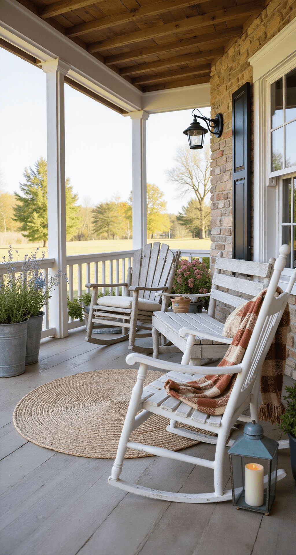 Perfect Porch Furniture Styles: Your Ultimate Design Guide Rustic farmhouse porch in soft morning light featuring reclaimed teak bench, vintage metal rockers, weathered wood flooring, braided jute rug, galvanized metal planters with wildflowers, mason jar lanterns, and cozy plaid throw blankets, with exposed beams and stone accents.