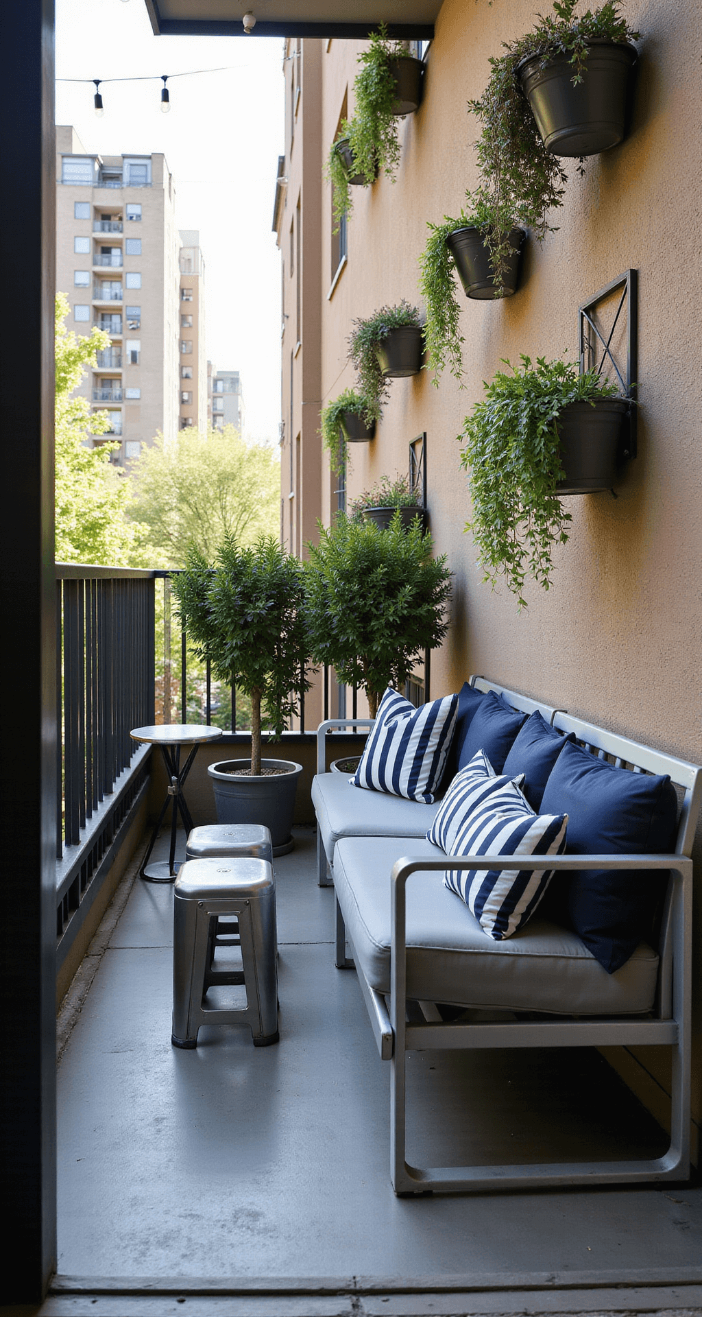 Perfect Porch Furniture Styles: Your Ultimate Design Guide A narrow apartment balcony showcasing a sleek aluminum bench with gray cushions and stackable metal stools, complemented by a vertical garden of wall-mounted planters and hanging baskets. Features a folding side table adorned with navy and white striped outdoor cushions, string lights overhead, and a view of an urban apartment building in the backdrop, emphasizing efficient and stylish use of limited outdoor space.
