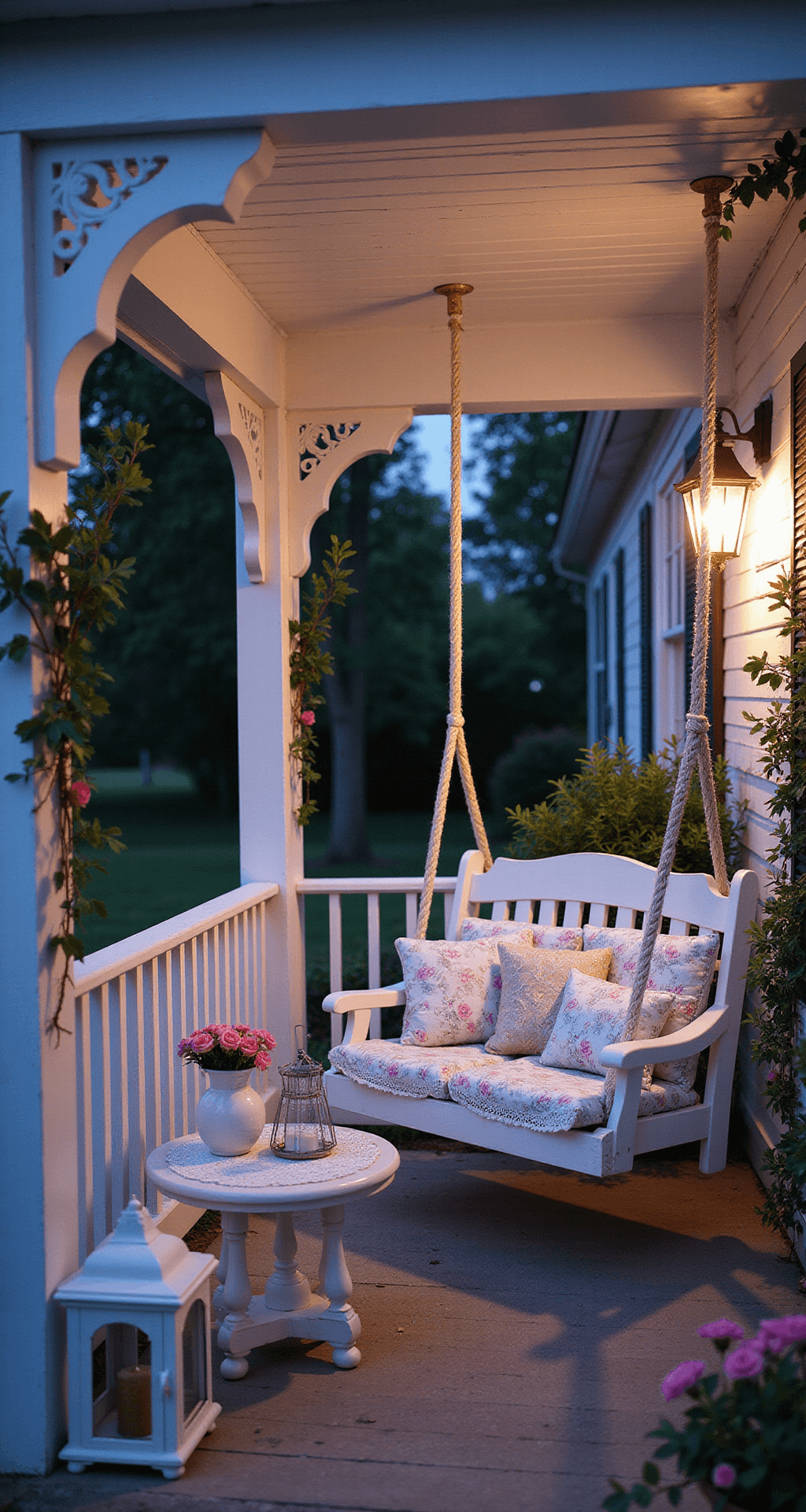 Perfect Porch Furniture Styles: Your Ultimate Design Guide Cozy cottage porch swing area at twilight, featuring a wooden swing with pastel floral cushions, matching rocking chairs, vintage-inspired decor, and charming architecture adorned with climbing roses. Soft evening light enhances the nostalgic atmosphere.