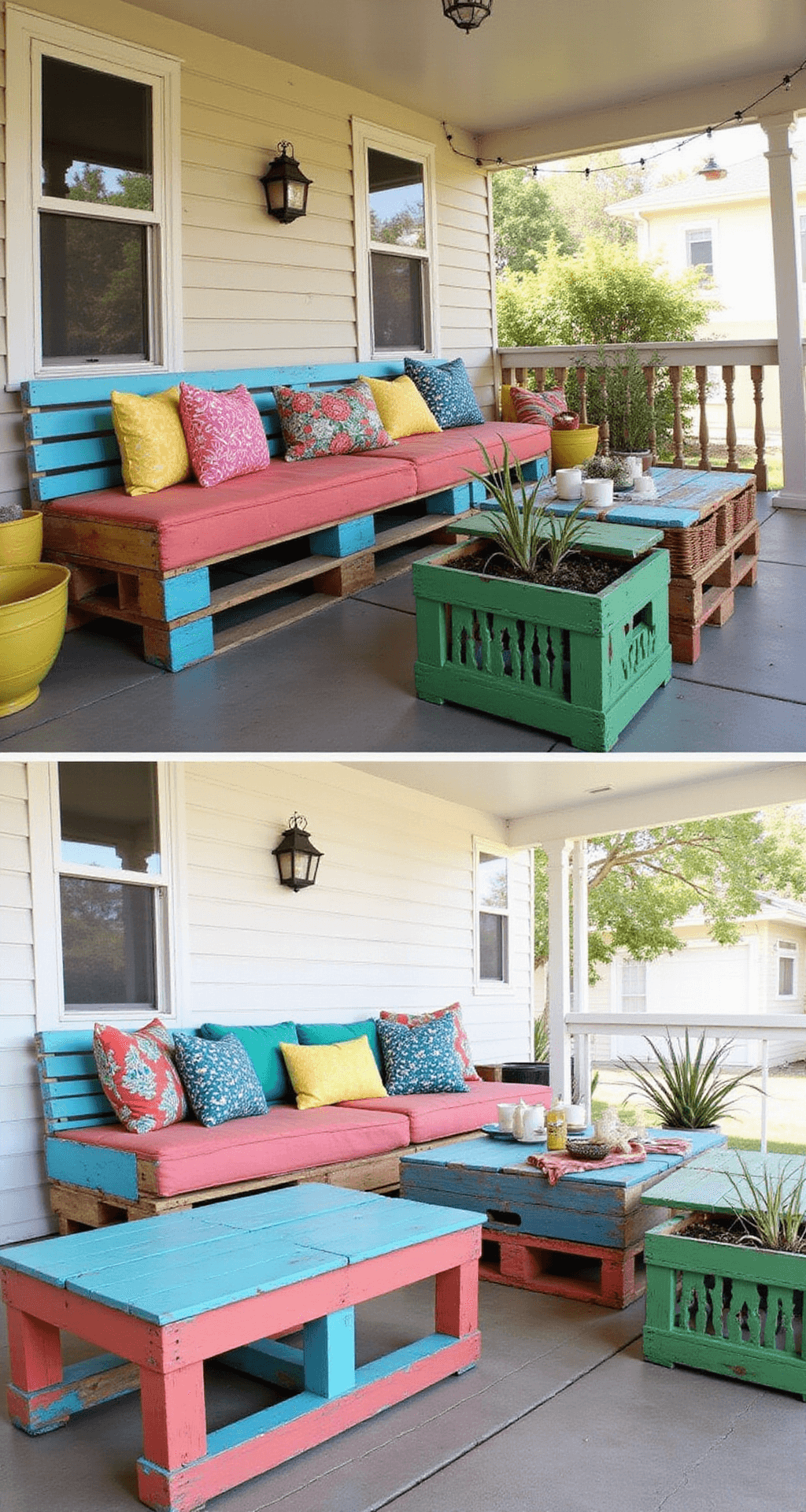 Perfect Porch Furniture Styles: Your Ultimate Design Guide A colorful, budget-friendly porch transformation featuring repurposed wooden pallets as seating, vibrant cushions, upcycled tire planters, string lights, and vintage crates, all set against a neutral home exterior in bright morning light.