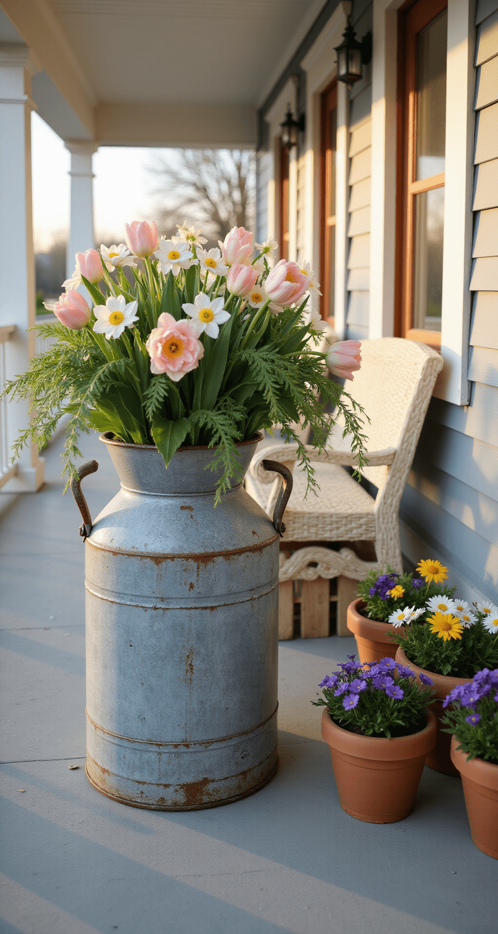 Vintage MilkCan Decor: Transform Your Front Porch with Rustic Charm Photorealistic front porch scene with a vintage galvanized milk can overflowing with pink tulips and white daffodils, surrounded by terracotta pots of pansies. The porch features white railings, gray flooring, and wicker furniture, illuminated by golden hour light.