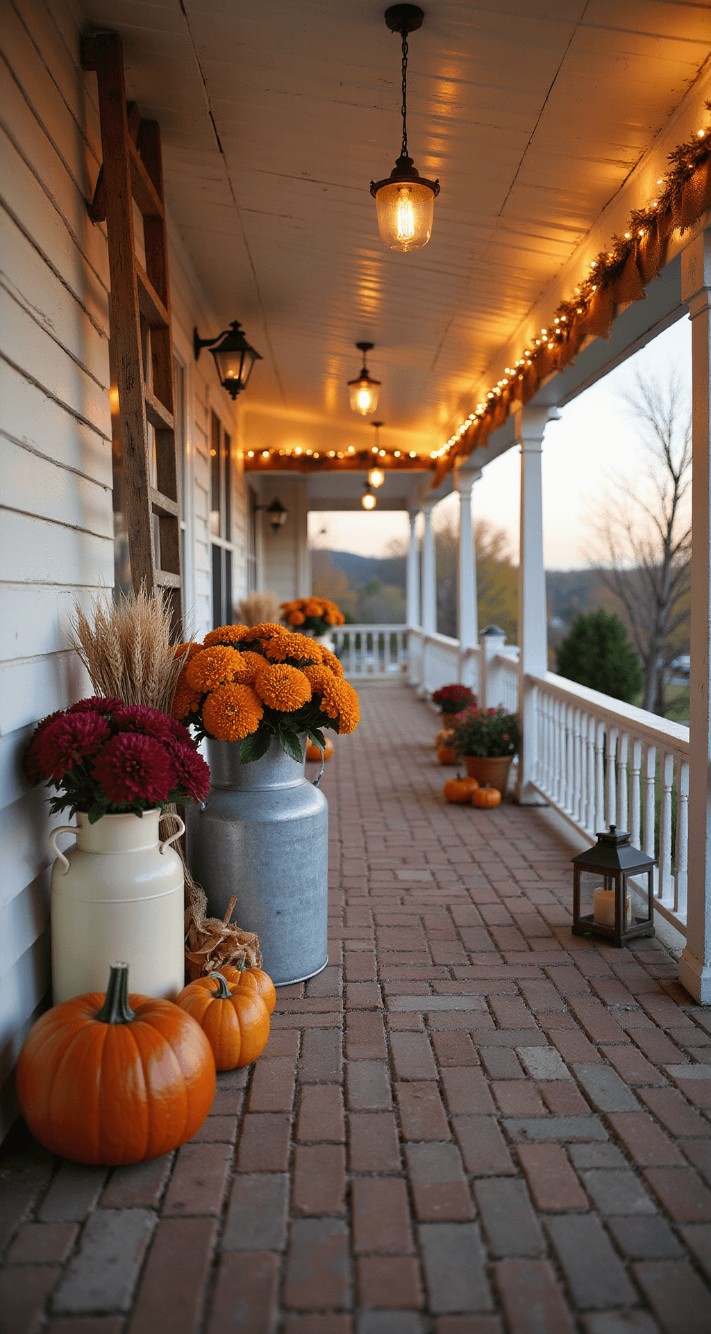 Vintage MilkCan Decor: Transform Your Front Porch with Rustic Charm Wide-angle view of a spacious farmhouse front porch at autumn twilight, featuring vintage milk cans of various sizes, a centerpiece filled with orange and burgundy mums, burlap garland, amber string lights, a weathered ladder, vintage lanterns, and mini pumpkins, all on distressed brick flooring.