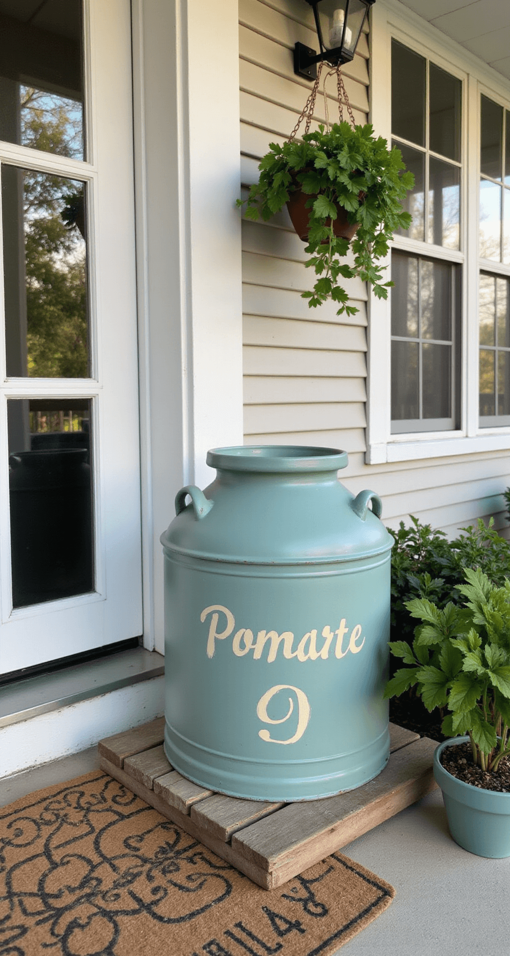 Vintage MilkCan Decor: Transform Your Front Porch with Rustic Charm Close-up shot of a custom-painted sage green vintage milk can with a hand-stenciled family name, positioned on a reclaimed wood platform at a charming cottage entrance, with white French doors and morning light accentuating the decor elements, including potted herbs, a vintage doormat, and petunias in a hanging basket.