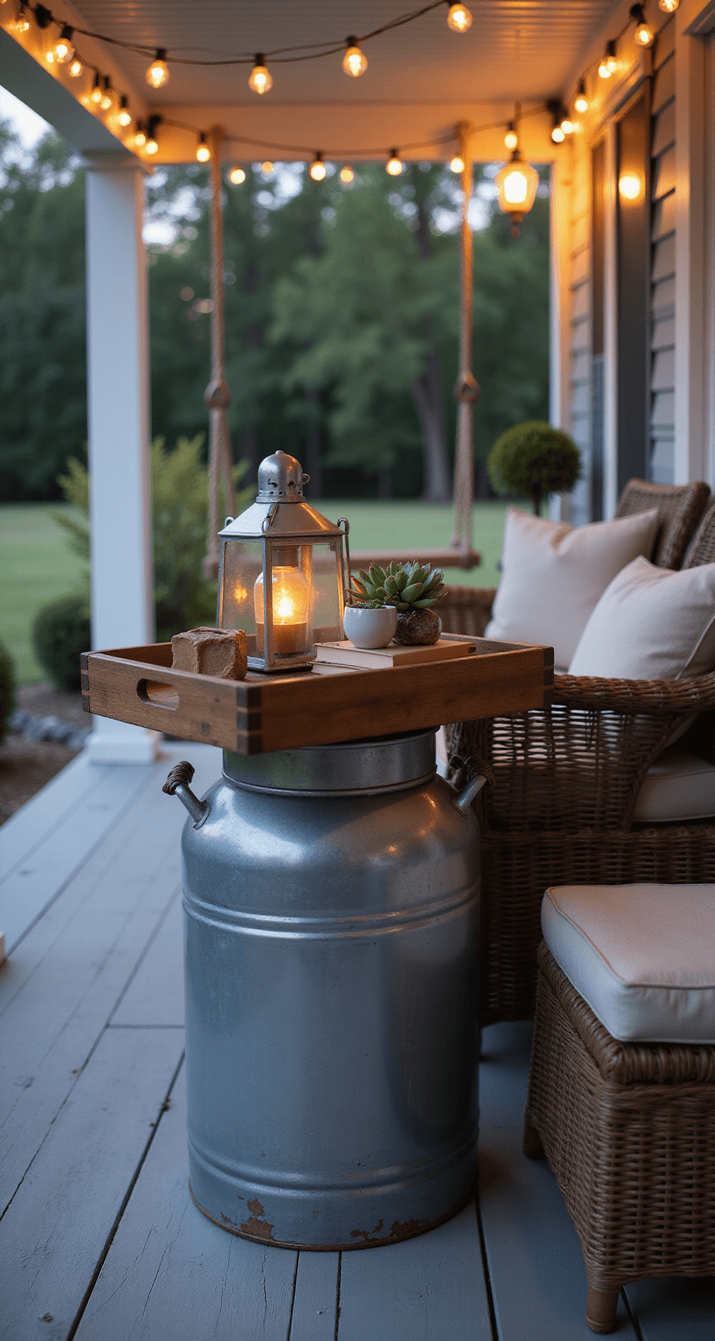 Vintage MilkCan Decor: Transform Your Front Porch with Rustic Charm Evening ambiance of a vintage milk can side table on a soft gray-blue porch, adorned with a wooden tray, lantern, and succulents, surrounded by warm Edison bulbs and wicker seating.