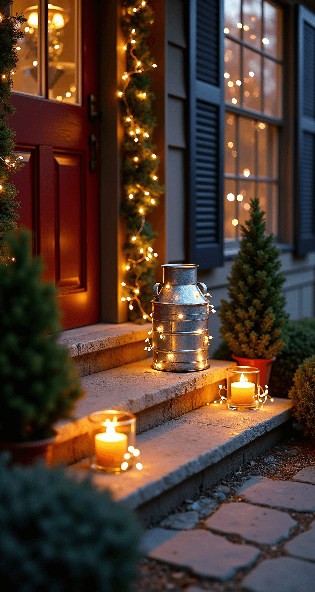 Vintage MilkCan Decor: Transform Your Front Porch with Rustic Charm Magical nighttime scene of a vintage milk can with fairy lights on a cozy porch, featuring natural stone flooring, dark wood railings, and a burgundy front door, enhanced by evergreen garlands, potted topiaries, and pillar candles in glass hurricanes, all captured in dreamy bokeh with long exposure.
