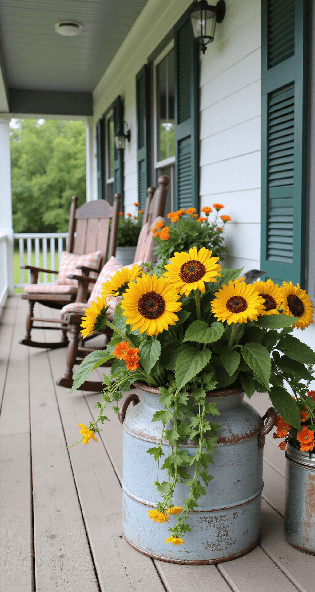Vintage MilkCan Decor: Transform Your Front Porch with Rustic Charm Bright summer morning on a farmhouse porch with a milk can planter overflowing with sunflowers and nasturtiums, featuring whitewashed wooden floors, hunter green railings, vintage rocking chairs, and decorative mason jars and farm signs.