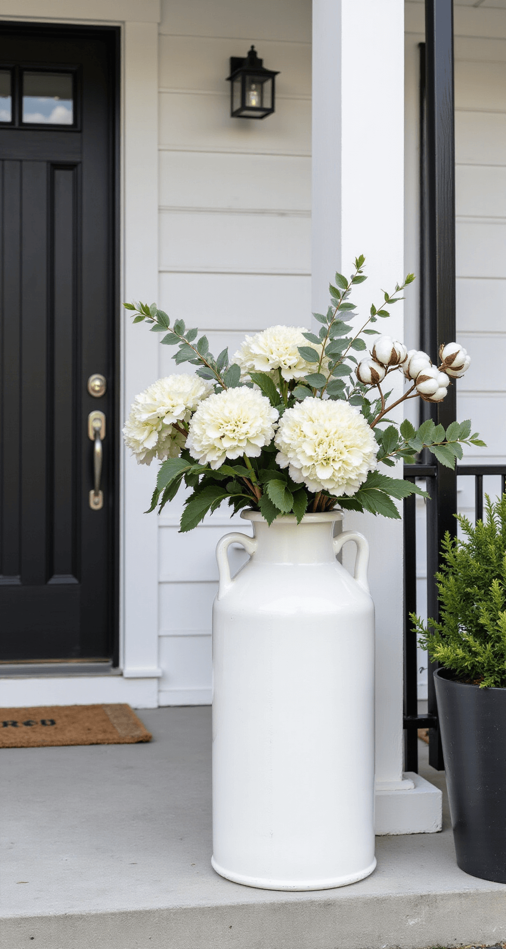 Vintage MilkCan Decor: Transform Your Front Porch with Rustic Charm Close-up of a white-painted milk can adorned with white hydrangeas, eucalyptus, and cotton stems on a modern farmhouse porch with concrete floors and black railings, featuring minimalist decor and soft natural lighting.