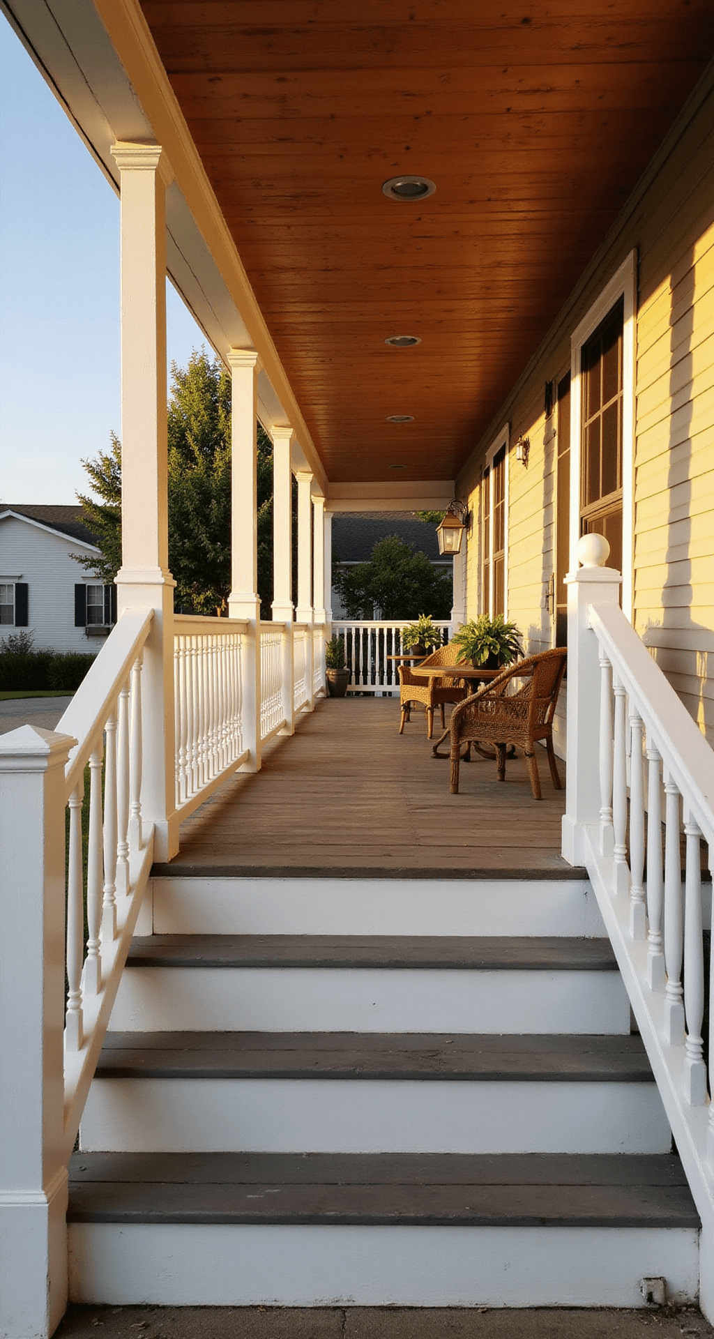 Adding a Porch to Your Mobile Home: A Complete Design Guide A traditional wooden covered porch on a mobile home, featuring golden hour lighting, white-painted balusters, cedar planks, a cozy bistro table with wicker chairs, and potted ferns, with a welcoming atmosphere in a wide-angle view.