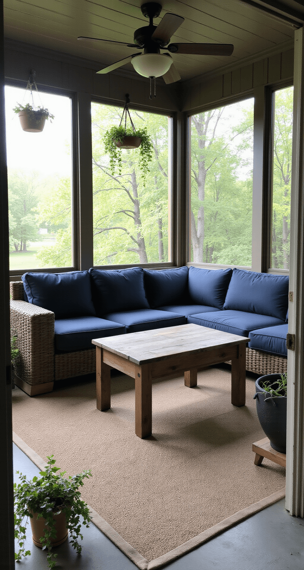 Adding a Porch to Your Mobile Home: A Complete Design Guide Screened-in porch with fine mesh panels, featuring a comfortable outdoor sectional with navy cushions, a rustic wood coffee table, and a ceiling fan, adorned with hanging planters of trailing ivy, an outdoor area rug in earth tones, all bathed in soft afternoon light, creating a peaceful and bug-free sanctuary.