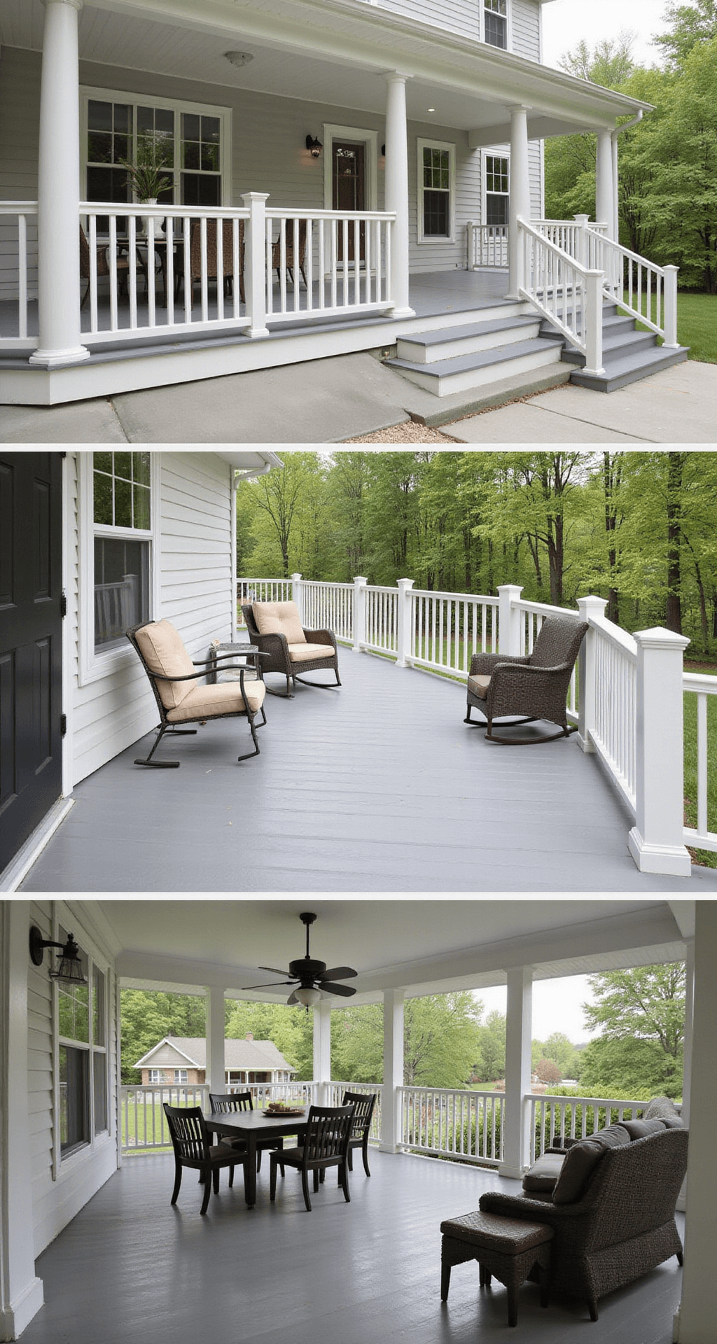Adding a Porch to Your Mobile Home: A Complete Design Guide A spacious wraparound porch with white railings and gray composite decking, featuring various seating areas including a dining set, swing chair, and reading nook, all bathed in morning light. The elevated view highlights the porch's grand scale and elegant design.