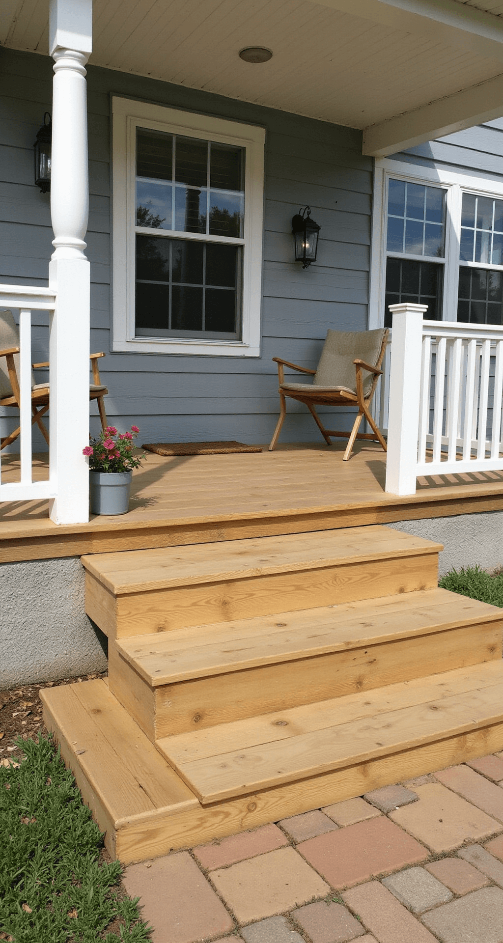 Adding a Porch to Your Mobile Home: A Complete Design Guide A simple DIY wooden porch featuring pressure-treated lumber, basic white railings, and unfinished wood steps, set on a concrete block foundation, with two folding chairs, small potted plants, and a welcome mat, all in mid-afternoon natural lighting.