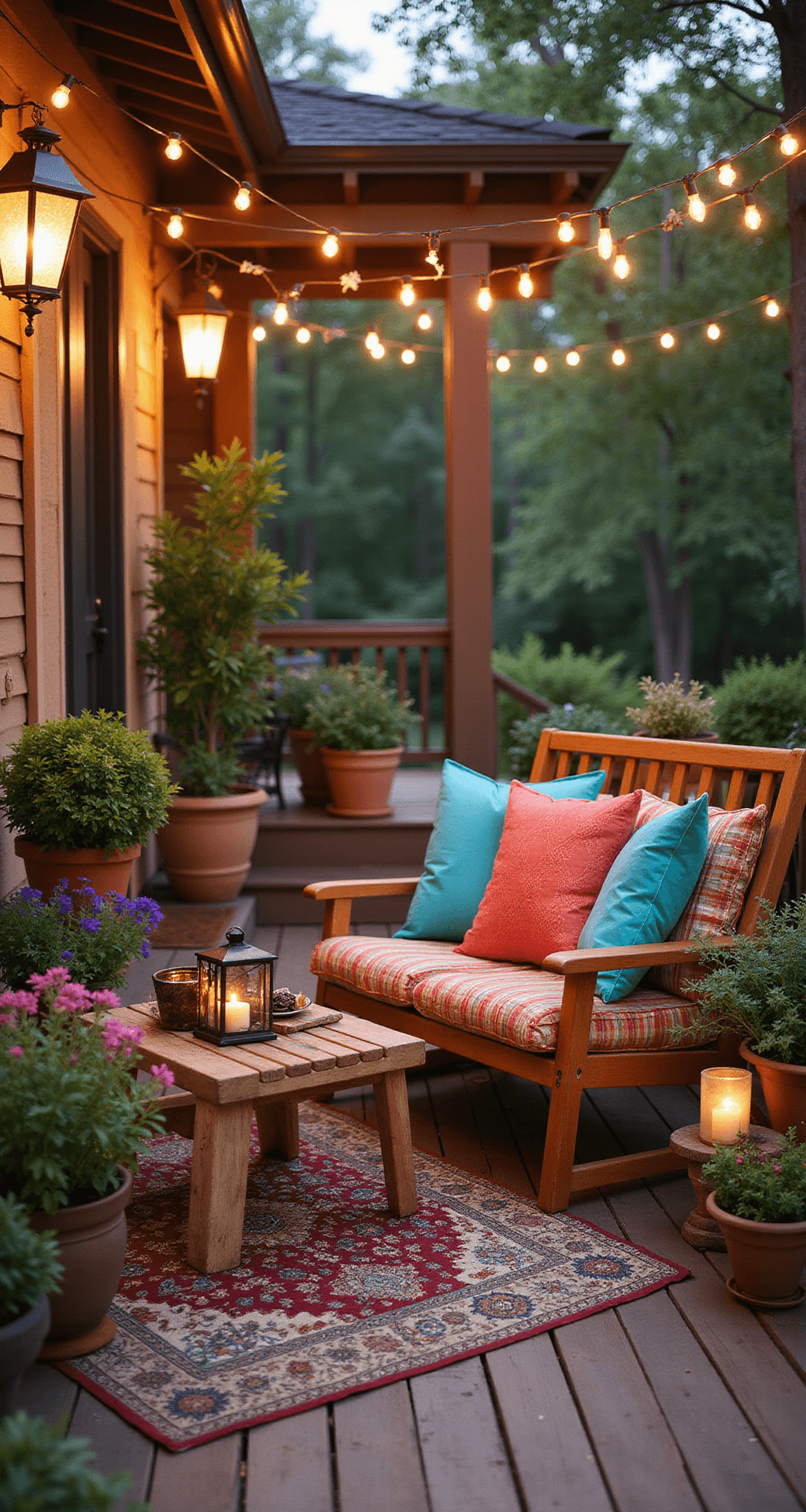 Adding a Porch to Your Mobile Home: A Complete Design Guide Stylishly decorated porch featuring weather-resistant teak bistro set with colorful cushions, layered rugs, potted plants, hanging lanterns, and decorative wind chimes, illuminated by warm evening string lights for a cozy ambiance.