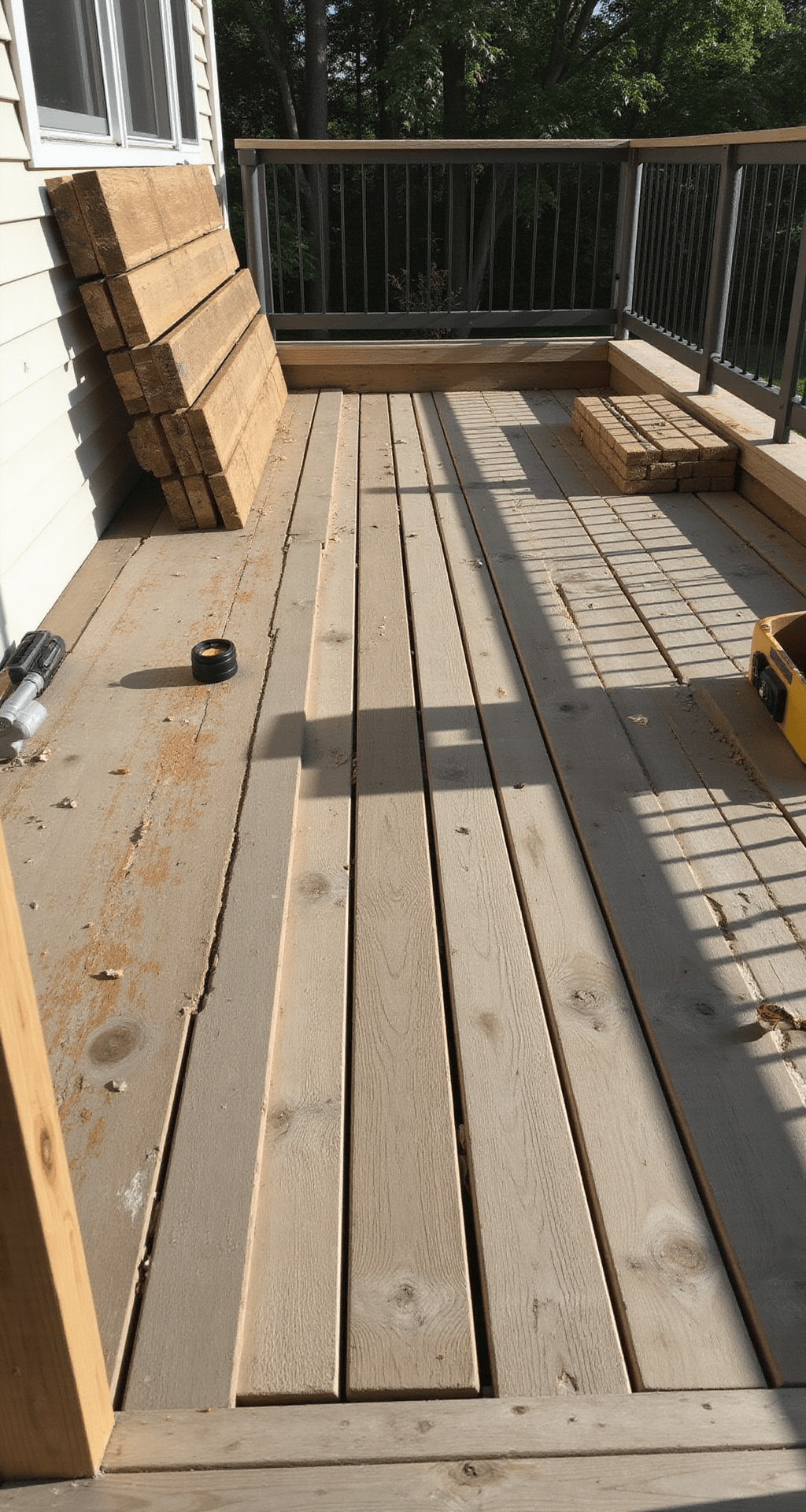 Adding a Porch to Your Mobile Home: A Complete Design Guide A partially completed porch deck installation featuring composite decking materials, visible joists, stacked pressure-treated lumber, and vinyl railing components. The image captures professional tools like a measuring tape and level scattered around, with safety equipment present, under bright morning construction lighting. A documentary-style side angle showcases the active worksite mood and the transformation in progress.