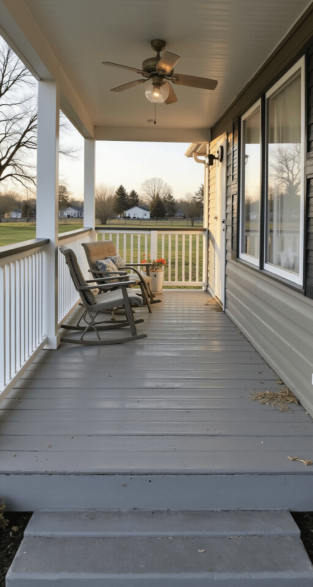 Adding a Porch to Your Mobile Home: A Complete Design Guide A beautifully designed porch for a mobile home, featuring cohesive color matching with siding, appropriate furniture placement, non-slip surfaces, and proper railing height, all captured in soft afternoon light to enhance curb appeal.