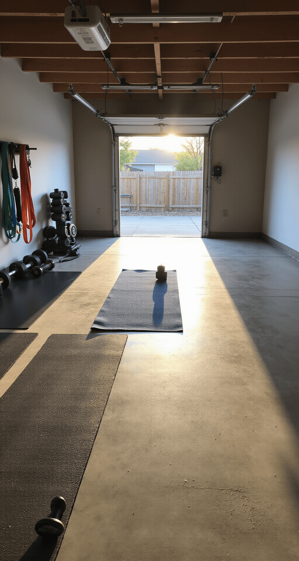 Transform Your Garage into a Killer Home Gym: The Ultimate Guide Wide-angle view of a minimalist home gym in a spacious two-car garage, features include concrete floors, rubber mats, adjustable dumbbells on a black rack, colorful resistance bands on hooks, and a navy yoga mat. Soft golden hour light illuminates the scene, enhancing shadows and a clean aesthetic.