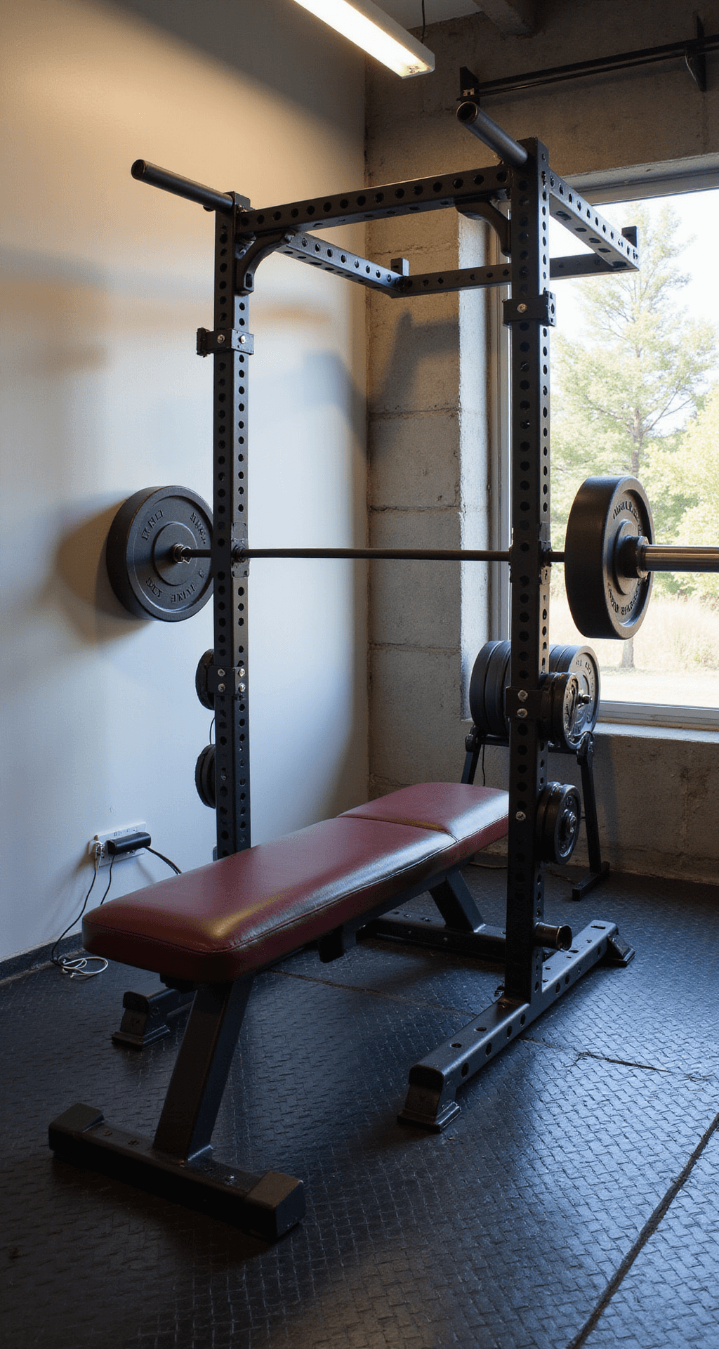 Transform Your Garage into a Killer Home Gym: The Ultimate Guide A well-equipped garage gym featuring a black power rack, Olympic barbell, organized weight plates, and a burgundy adjustable bench on rubber flooring, illuminated by LED lights and filtered sunlight, against white concrete walls.