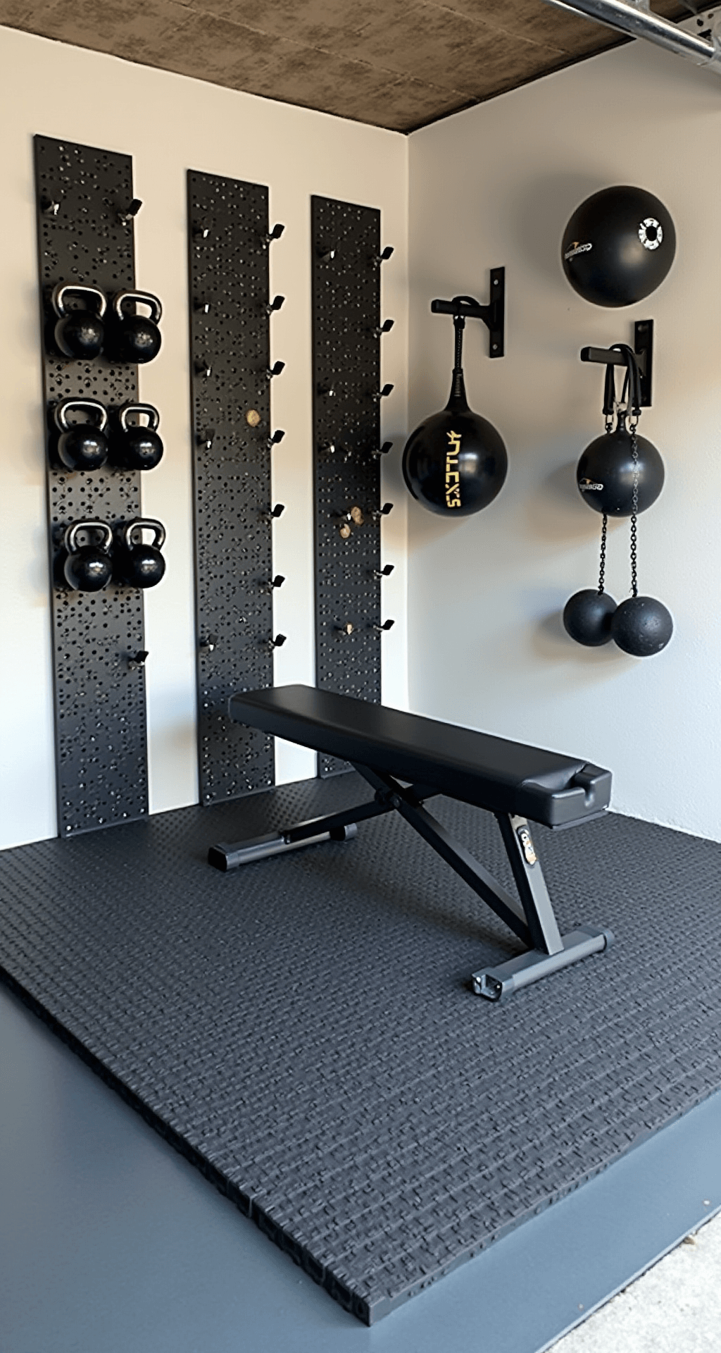 Transform Your Garage into a Killer Home Gym: The Ultimate Guide Low-angle shot of a compact garage gym featuring innovative vertical storage solutions, including a wall-mounted pegboard system for kettlebells and resistance equipment, a fold-down weight bench, and charcoal gray foam floor tiles, all against clean white walls with black brackets.
