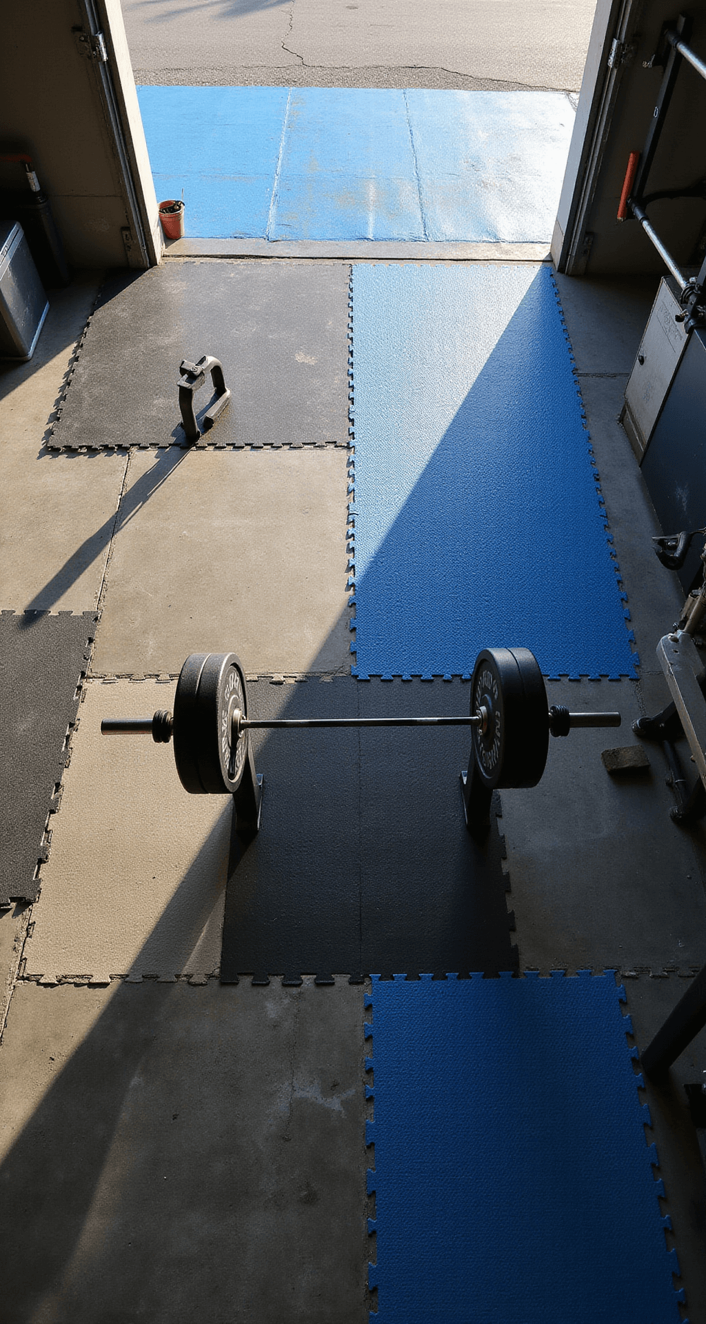 Transform Your Garage into a Killer Home Gym: The Ultimate Guide Overhead view of a garage gym with distinct flooring zones: black rubber mats for weightlifting, gray horse stall mats for deadlifting, and blue foam tiles for stretching, all illuminated by warm natural light from an open garage door, casting intricate shadows and highlighting material transitions.