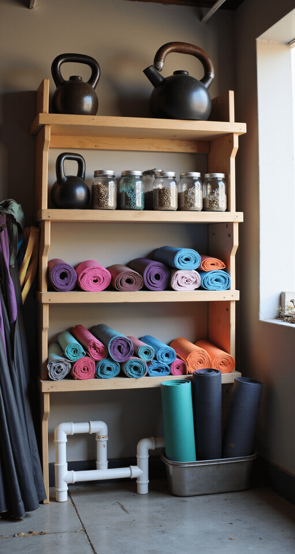 Transform Your Garage into a Killer Home Gym: The Ultimate Guide Close-up of a creative and budget-friendly garage gym corner, showcasing vintage kettlebells on DIY shelves, resistance bands in mason jars, and colorful yoga mats in a PVC pipe holder, all illuminated by soft morning light.