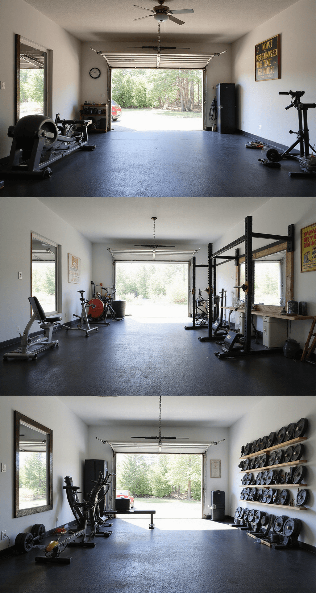 Transform Your Garage into a Killer Home Gym: The Ultimate Guide A bright and organized garage gym featuring professional-grade equipment, rubber flooring, and inspirational artwork, showcasing its transformation from storage to a functional fitness space.