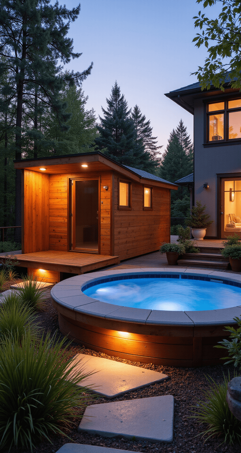 Creating the Ultimate Backyard Spa: Outdoor Sauna and Hot Tub Design Guide Modern backyard spa sanctuary featuring an elevated cedar sauna beside a circular hot tub. Warm LED lights illuminate a natural stone pathway surrounded by ornamental grasses and Japanese maples. Rich cedar and charcoal composite decking provide contrast, while soft amber and underwater blue LEDs create a serene atmosphere. An intimate enclosure is formed by privacy screens, with a house visible in the background.