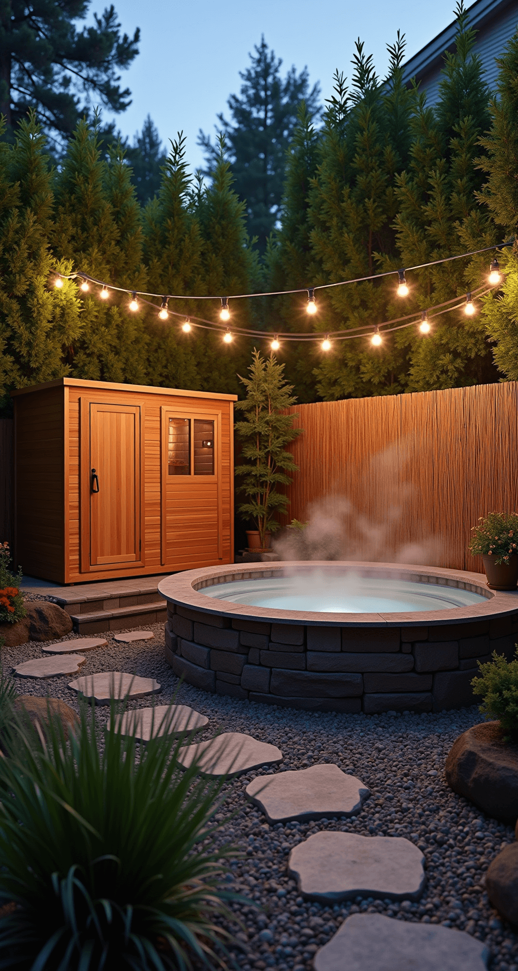 Creating the Ultimate Backyard Spa: Outdoor Sauna and Hot Tub Design Guide Intimate twilight spa corner featuring a cedar sauna on a stone platform next to a steaming round hot tub, surrounded by bamboo privacy screens and river rock landscaping, with warm string lights overhead creating a cozy atmosphere.
