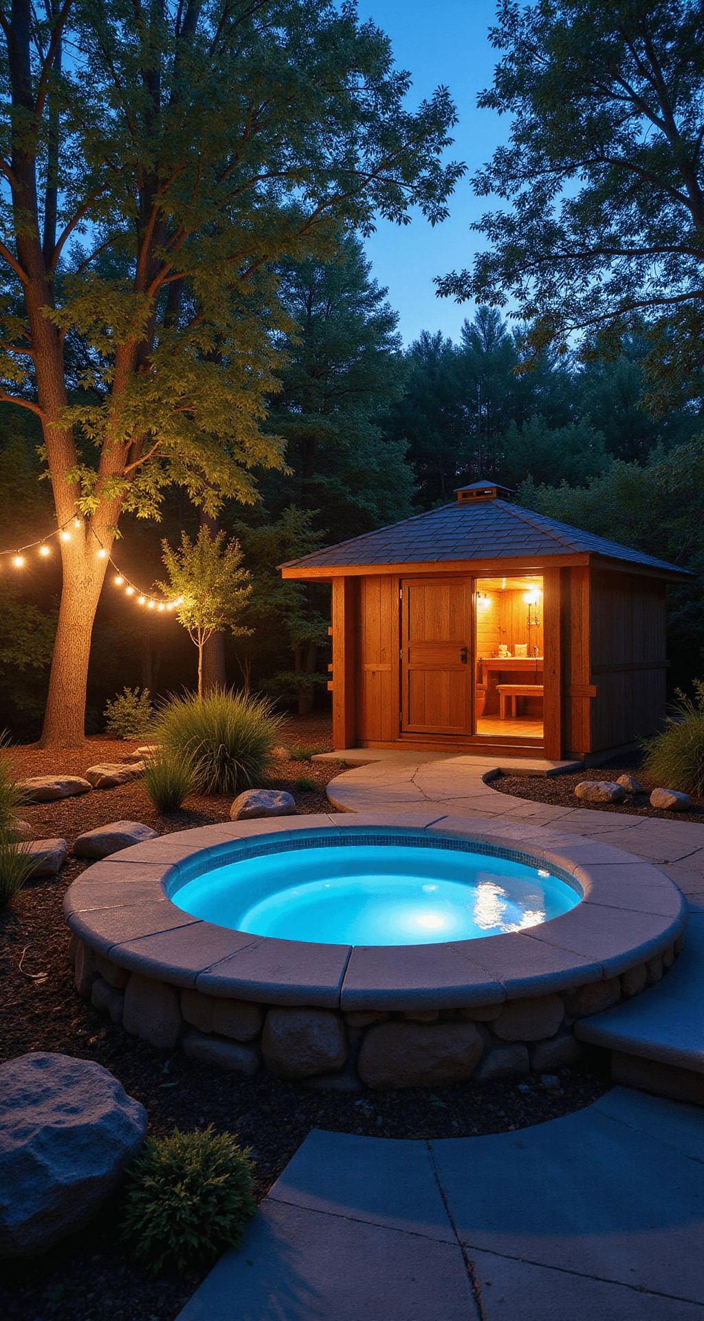 Creating the Ultimate Backyard Spa: Outdoor Sauna and Hot Tub Design Guide A tranquil zen-inspired spa scene featuring a cedar barrel sauna beside a circular stone hot tub, illuminated by soft LED path lights, warm overhead string lights, blue underwater hot tub lighting, and a gentle amber glow from the sauna interior, surrounded by Japanese maple trees and ornamental grasses, with river rock beds and a misty atmosphere from steam rising.