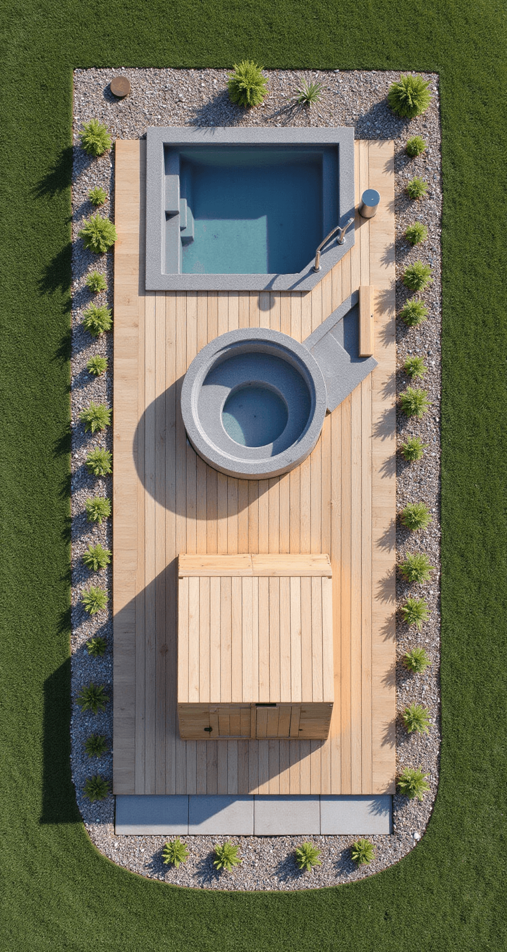 Creating the Ultimate Backyard Spa: Outdoor Sauna and Hot Tub Design Guide Aerial view of a complete wellness retreat featuring a light cedar sauna, round hot tub with natural stone surround, and a compact steel cold plunge pool arranged in a triangle, connected by wooden walkways. The minimalist landscaping includes structured plantings and an outdoor shower station, emphasizing safety with non-slip surfaces throughout.