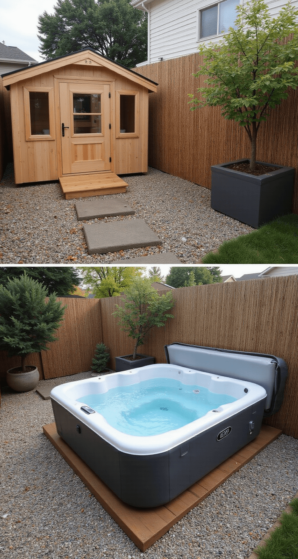 Creating the Ultimate Backyard Spa: Outdoor Sauna and Hot Tub Design Guide A budget-friendly spa design featuring a modular sauna kit on gravel, an inflatable hot tub on a composite platform, bamboo screening for privacy, tall planters, string lights for ambiance, and a small Japanese maple, all created with a mix of DIY and purchased elements in a cozy yard setting.