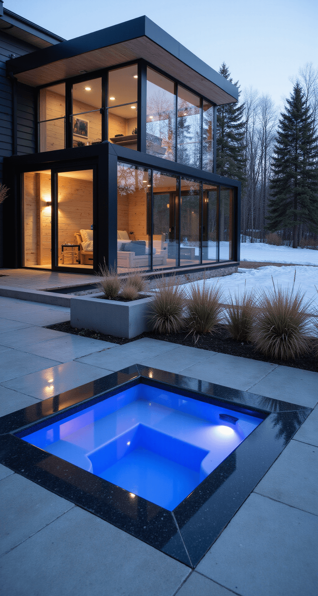 Creating the Ultimate Backyard Spa: Outdoor Sauna and Hot Tub Design Guide A modern panoramic glass sauna with floor-to-ceiling windows beside a square hot tub, featuring black metal frames and heated concrete walkways, set against a snowy landscape with a minimalist Scandinavian aesthetic and blue LED lighting.