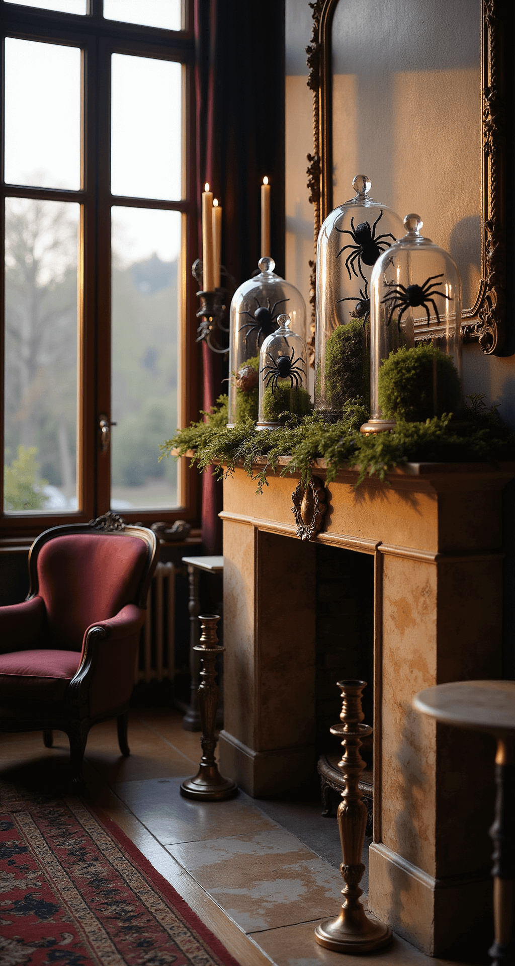 Spooky & Stylish: 8 Incredible Halloween Cloche Ideas to Transform Your Home Decor Elegant living room mantel featuring an ornate marble fireplace, with glass cloches displaying miniature spider scenes. Black spiders escape from Victorian-style domes, surrounded by Spanish moss. A luxurious velvet armchair is partly visible, complemented by brass candlesticks. The scene is illuminated by golden hour light, creating warm ambient lighting and dramatic shadows in a dark burgundy and charcoal color palette, showcasing sophisticated Halloween styling.