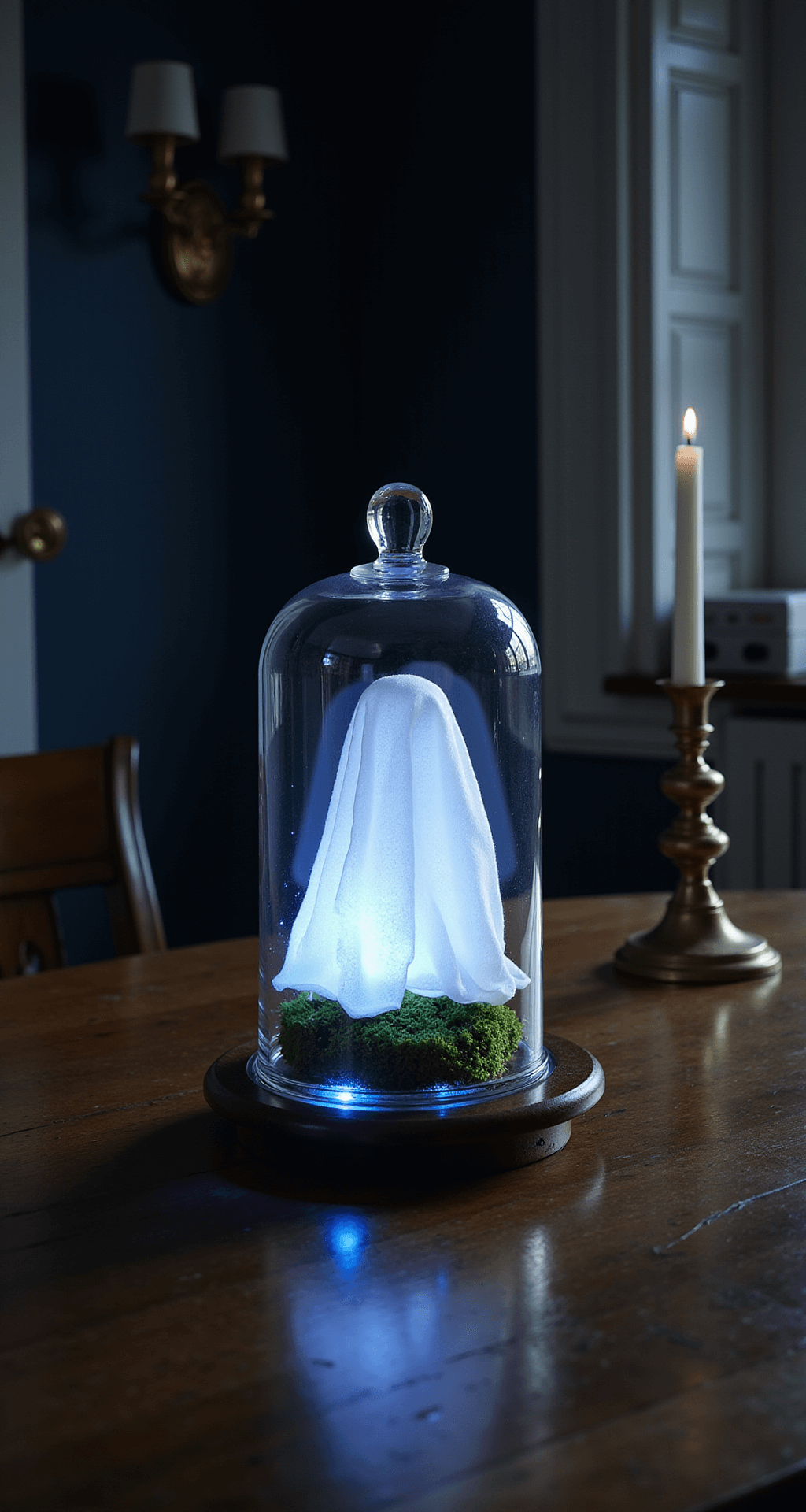 Spooky & Stylish: 8 Incredible Halloween Cloche Ideas to Transform Your Home Decor Close-up of a dimly lit dining room scene featuring a glass cloche with a glowing white fabric ghost figure on a dark walnut table, surrounded by Spanish moss and illuminated by subtle blue-white LED light, with deep navy walls and vintage brass candlesticks.