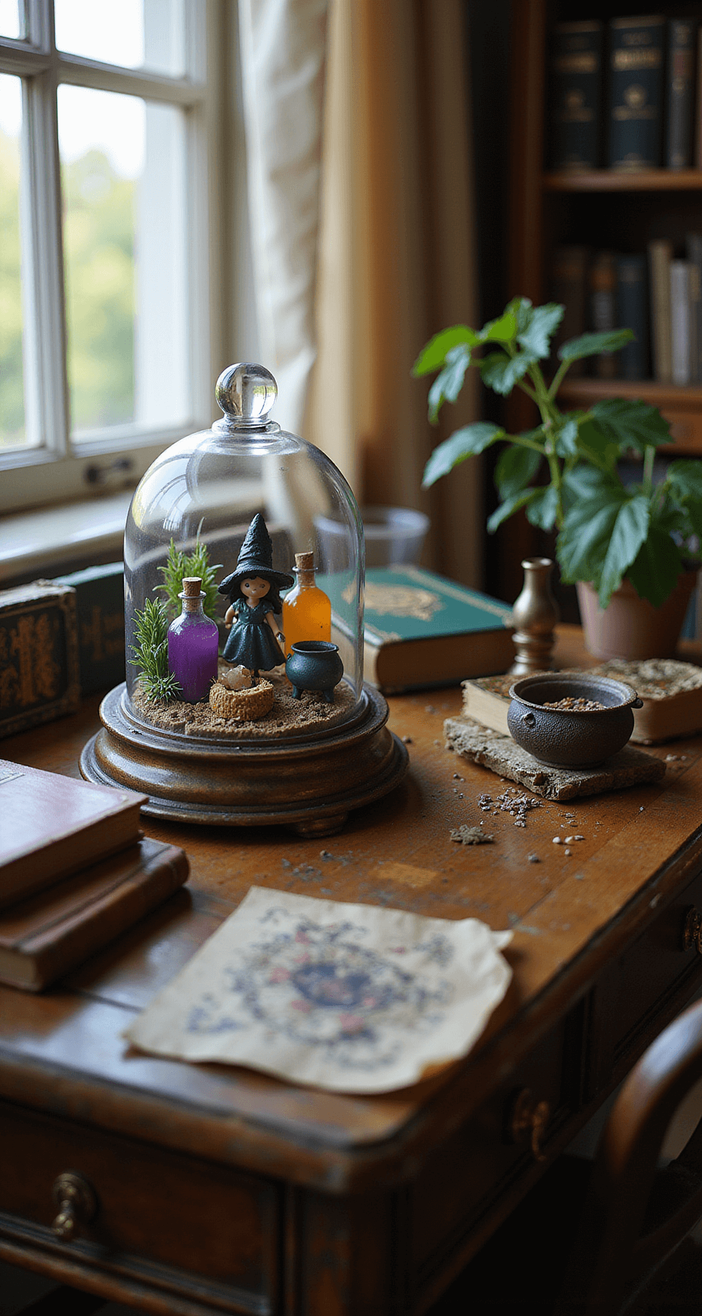 Spooky & Stylish: 8 Incredible Halloween Cloche Ideas to Transform Your Home Decor A cozy study corner bathed in afternoon light, featuring an antique wooden desk with a glass dome showcasing a miniature witch's laboratory complete with a tiny witch figurine, colorful potion bottles, dried herbs, and a miniature cauldron, alongside weathered spell books. Earthy tones are accented with emerald and purple, while leather-bound books and vintage brass details add warmth and character. The scene is enhanced by botanical elements, creating an atmospheric and richly textured environment.