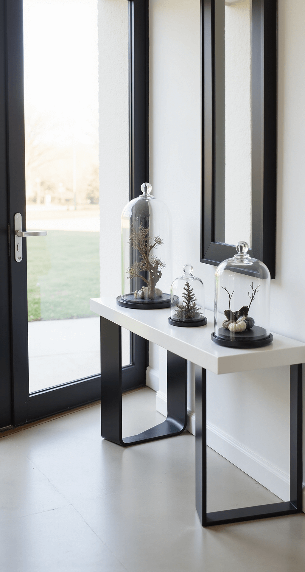 Spooky & Stylish: 8 Incredible Halloween Cloche Ideas to Transform Your Home Decor Overhead shot of a modern entryway console table with bright morning light illuminating three asymmetrically arranged cloches containing Halloween vignettes, set on a sleek white lacquer surface, featuring a minimalist black and white color scheme with metallic accents.