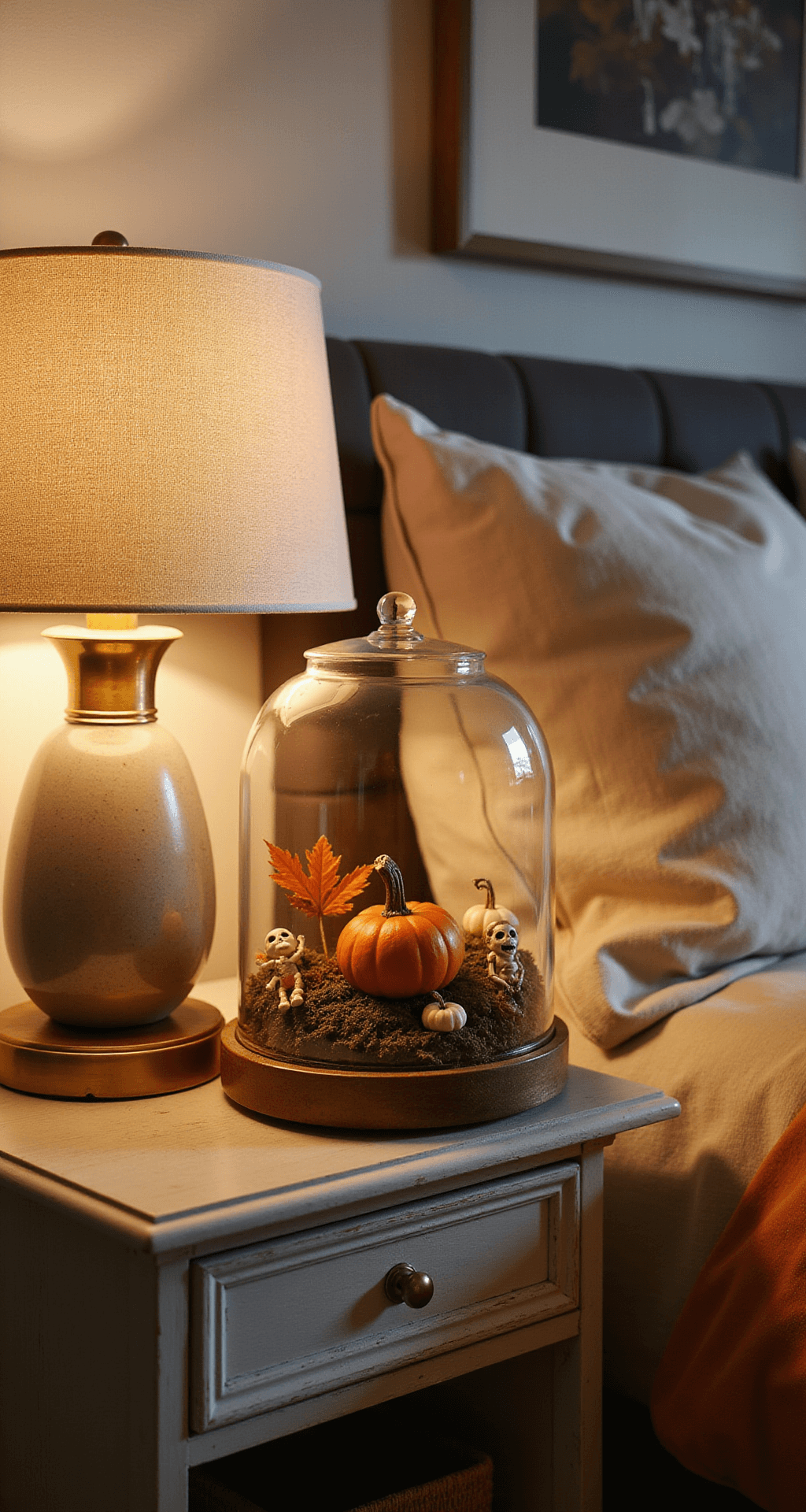 Spooky & Stylish: 8 Incredible Halloween Cloche Ideas to Transform Your Home Decor A cozy bedroom nightstand illuminated by soft evening lamplight, featuring a large cloche with a layered autumn scene of miniature pumpkins, Spanish moss, and tiny skeleton figurines, surrounded by warm amber and burnt orange hues, textured linens, and a brass table lamp casting a gentle glow.