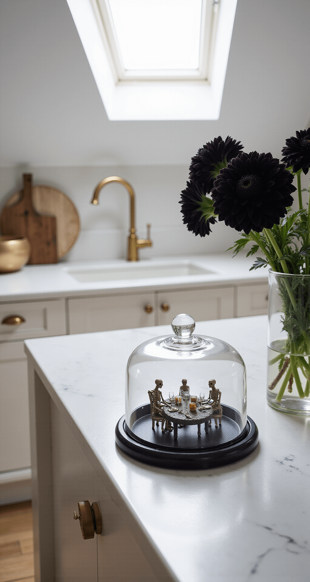 Spooky & Stylish: 8 Incredible Halloween Cloche Ideas to Transform Your Home Decor Low angle shot of a kitchen island featuring a long glass cloche with a spooky dinner party scene of miniature skeletons at a tiny table, set against a creamy white marble countertop and brushed gold hardware, with black dahlias in a vase nearby, all illuminated by bright daylight from a skylight above.