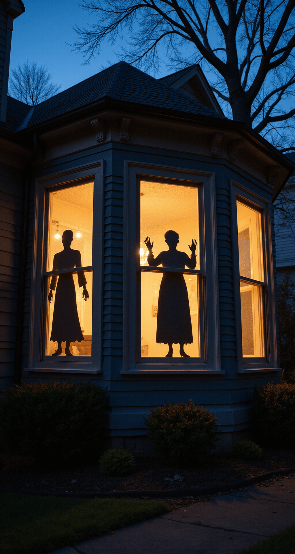 Spine-Chilling DIY Outdoor Halloween Decorations: Transform Your Yard into a Haunting Spectacle A gothic Victorian house with dark trim features floor-to-ceiling windows, showcasing ghostly black silhouettes illuminated by warm LED string lights. Eerie shadows from matte black cardboard cutouts dance against cream window shades. The scene is captured from street level at twilight, highlighting moody amber lighting and bare oak trees framing the composition.