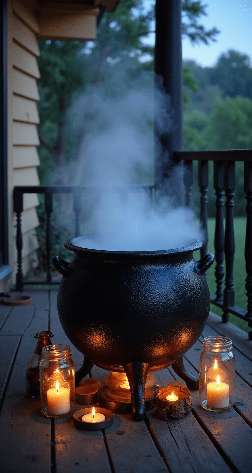 Spine-Chilling DIY Outdoor Halloween Decorations: Transform Your Yard into a Haunting Spectacle A cozy front porch scene featuring a bubbling black cast iron cauldron surrounded by fishbowl accessories, with warm candlelight flickering in mason jars and cool mist swirling around, all set at dusk.